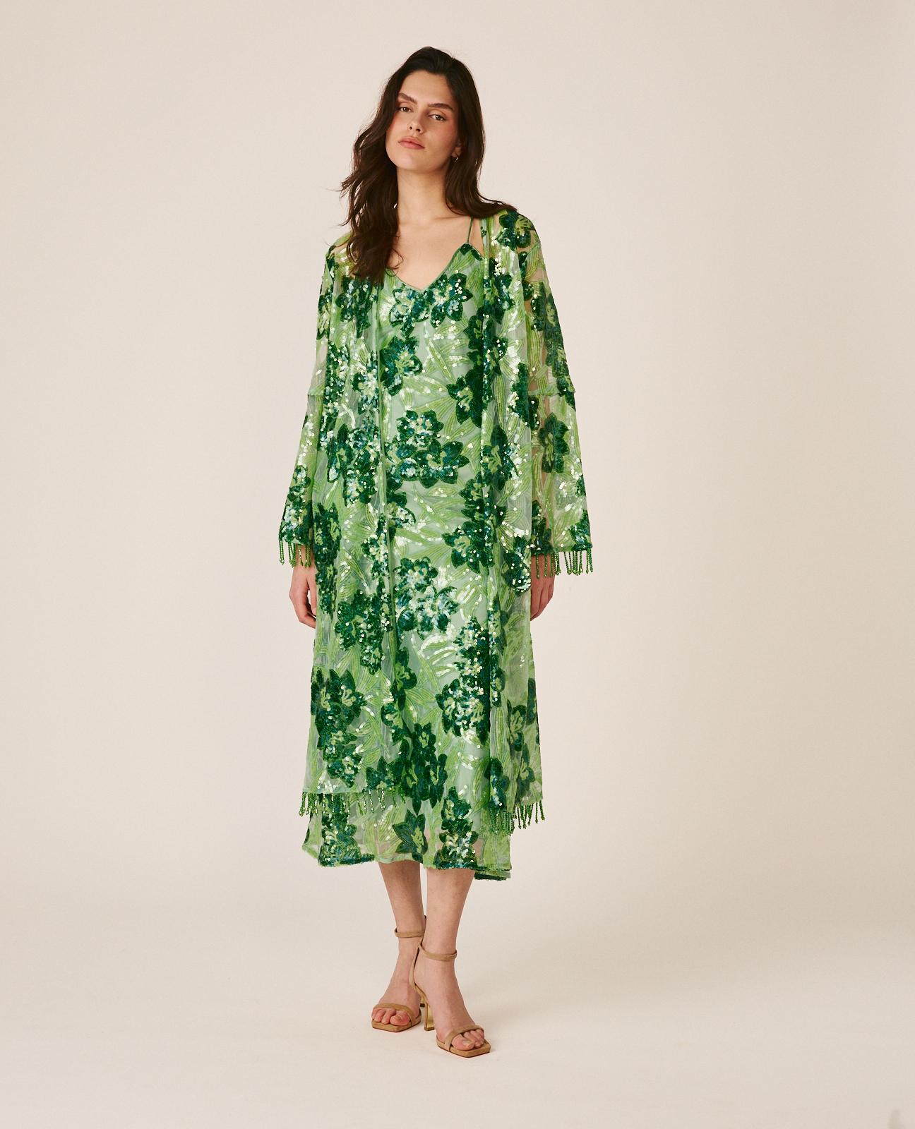 Imagem 0 de Kaftan de Lantejoulas com Estampado Floral e Manga Comprida À Boca de Sino
