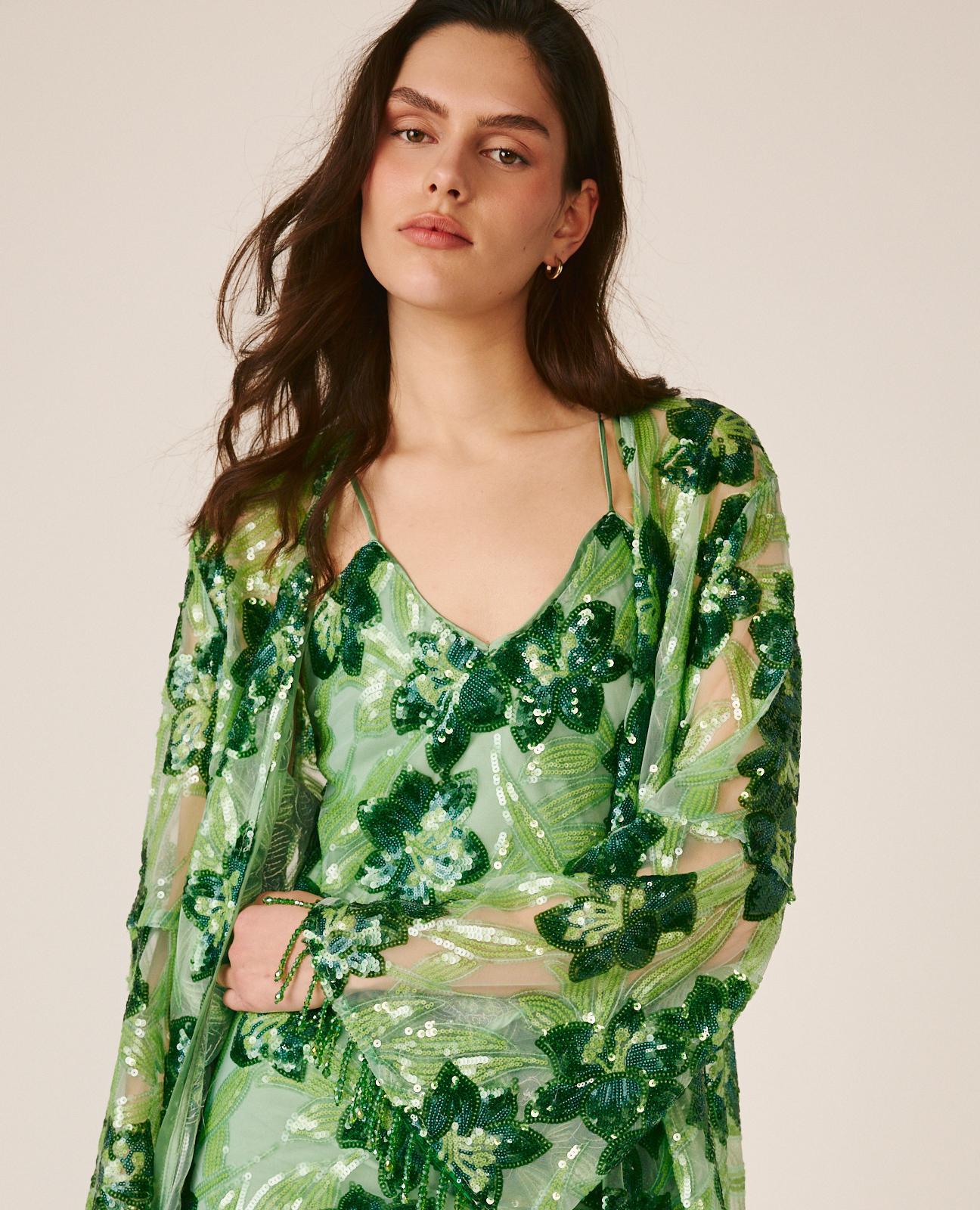 Kaftan de Lantejoulas com Estampado Floral e Manga Comprida À Boca de Sino Verde-2