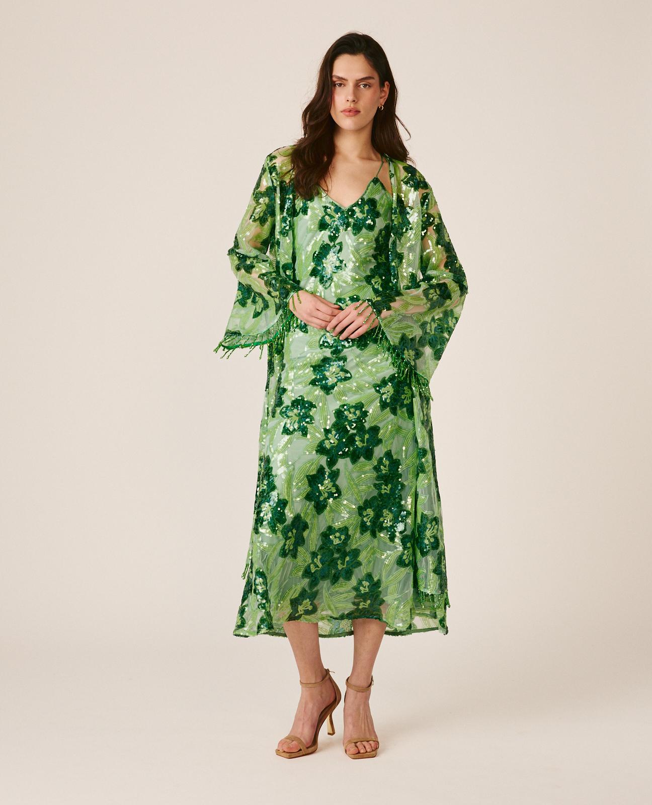Kaftan de Lantejoulas com Estampado Floral e Manga Comprida À Boca de Sino Verde-3