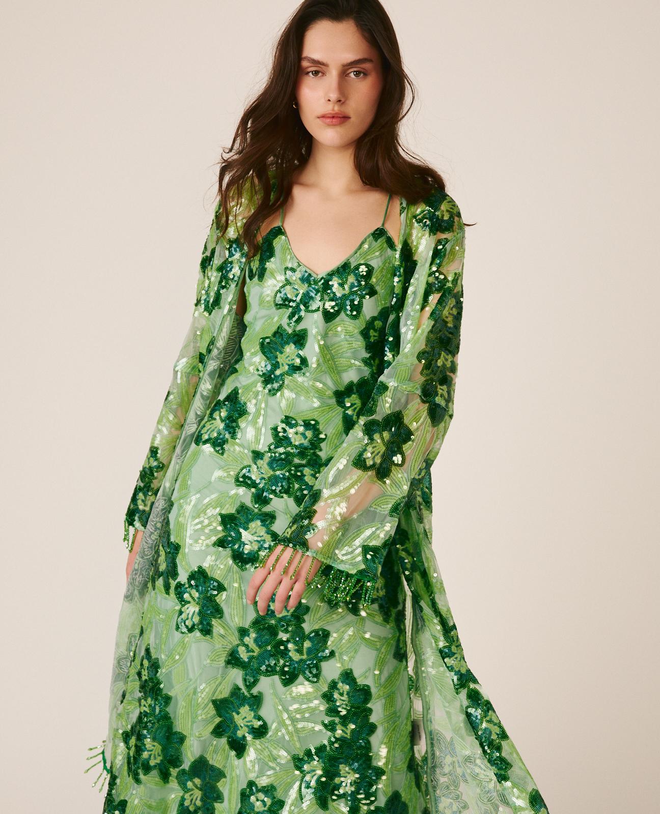 Kaftan de Lantejoulas com Estampado Floral e Manga Comprida À Boca de Sino Verde-4