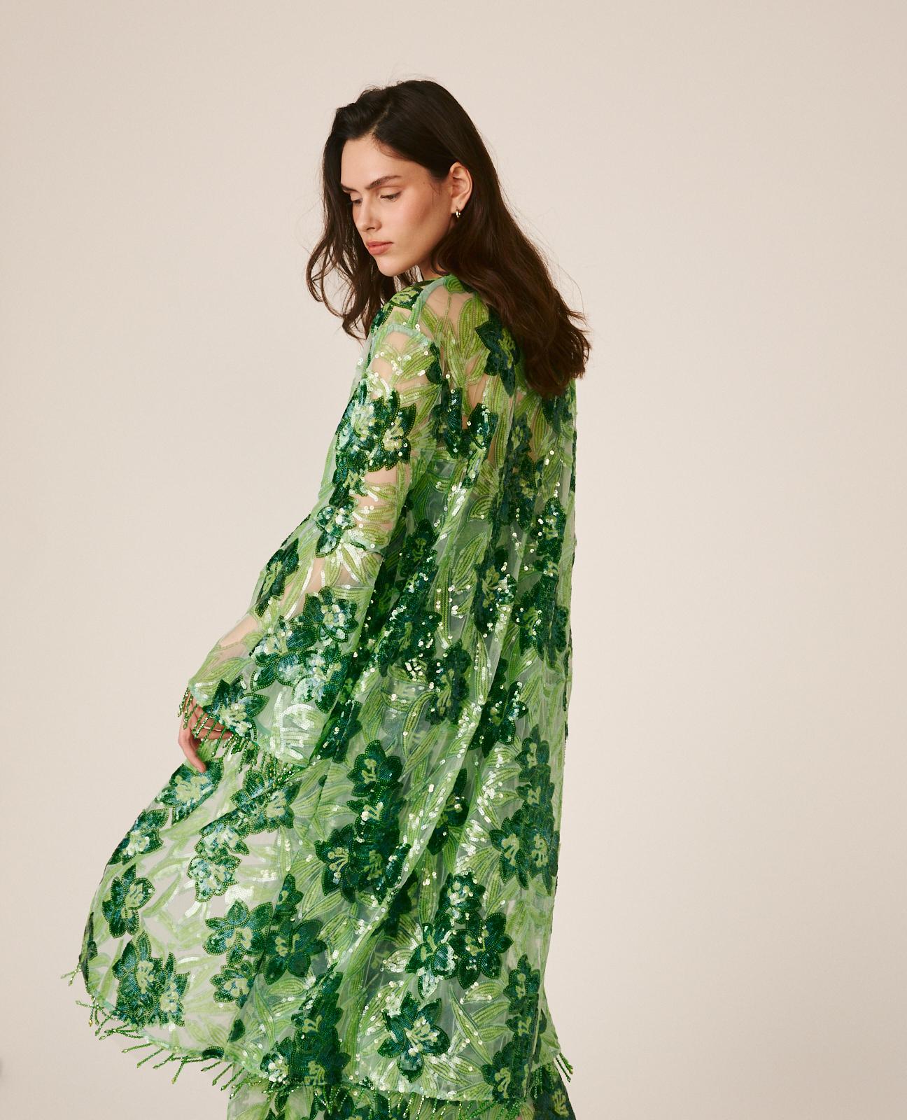 Kaftan de Lantejoulas com Estampado Floral e Manga Comprida À Boca de Sino Verde-5