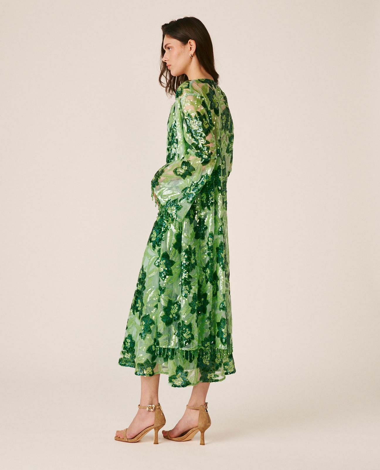 Kaftan de Lantejoulas com Estampado Floral e Manga Comprida À Boca de Sino Verde-6