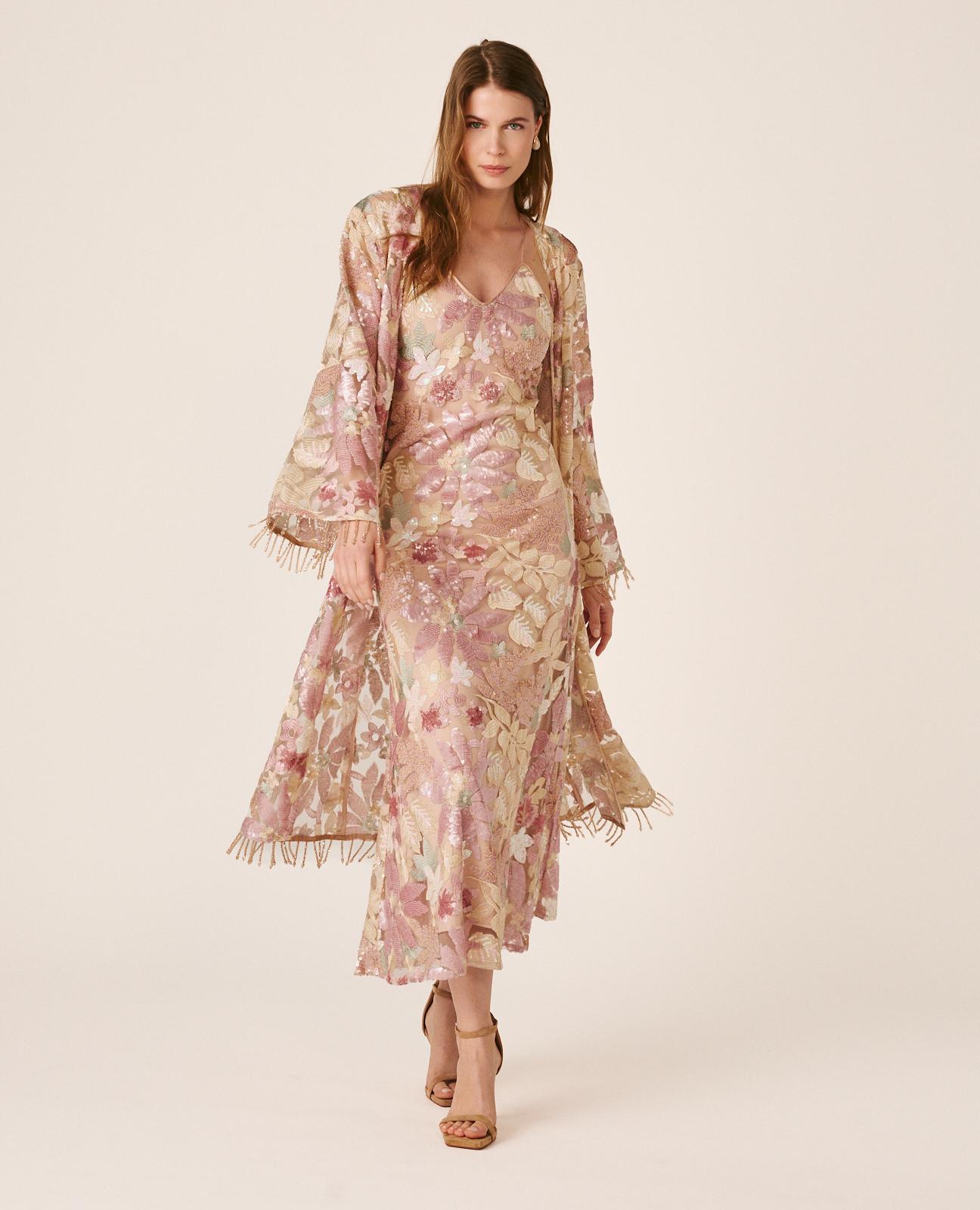 Imagem 0 de Kaftan de Lantejoulas com Estampado Floral e Manga Comprida À Boca de Sino