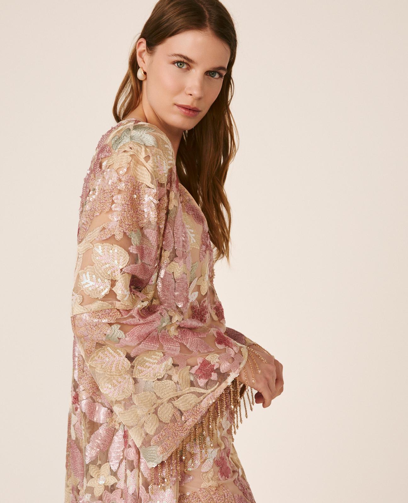 Kaftan de Lantejoulas com Estampado Floral e Manga Comprida À Boca de Sino Rosa-2