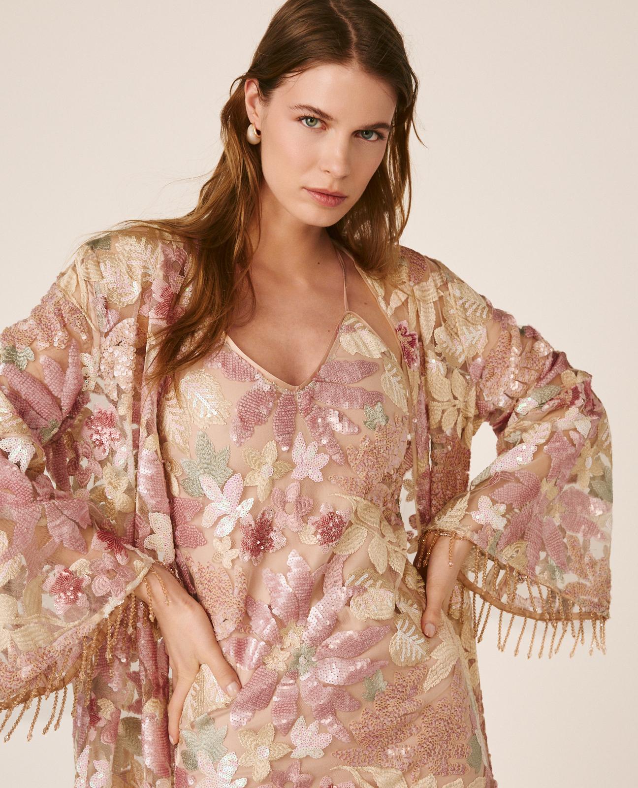 Kaftan de Lantejoulas com Estampado Floral e Manga Comprida À Boca de Sino Rosa-3