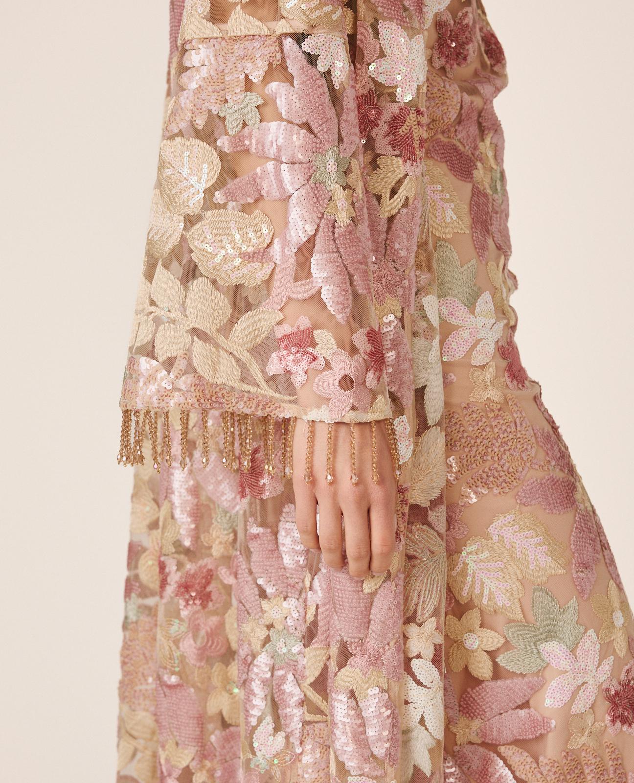 Kaftan de Lantejoulas com Estampado Floral e Manga Comprida À Boca de Sino Rosa-4