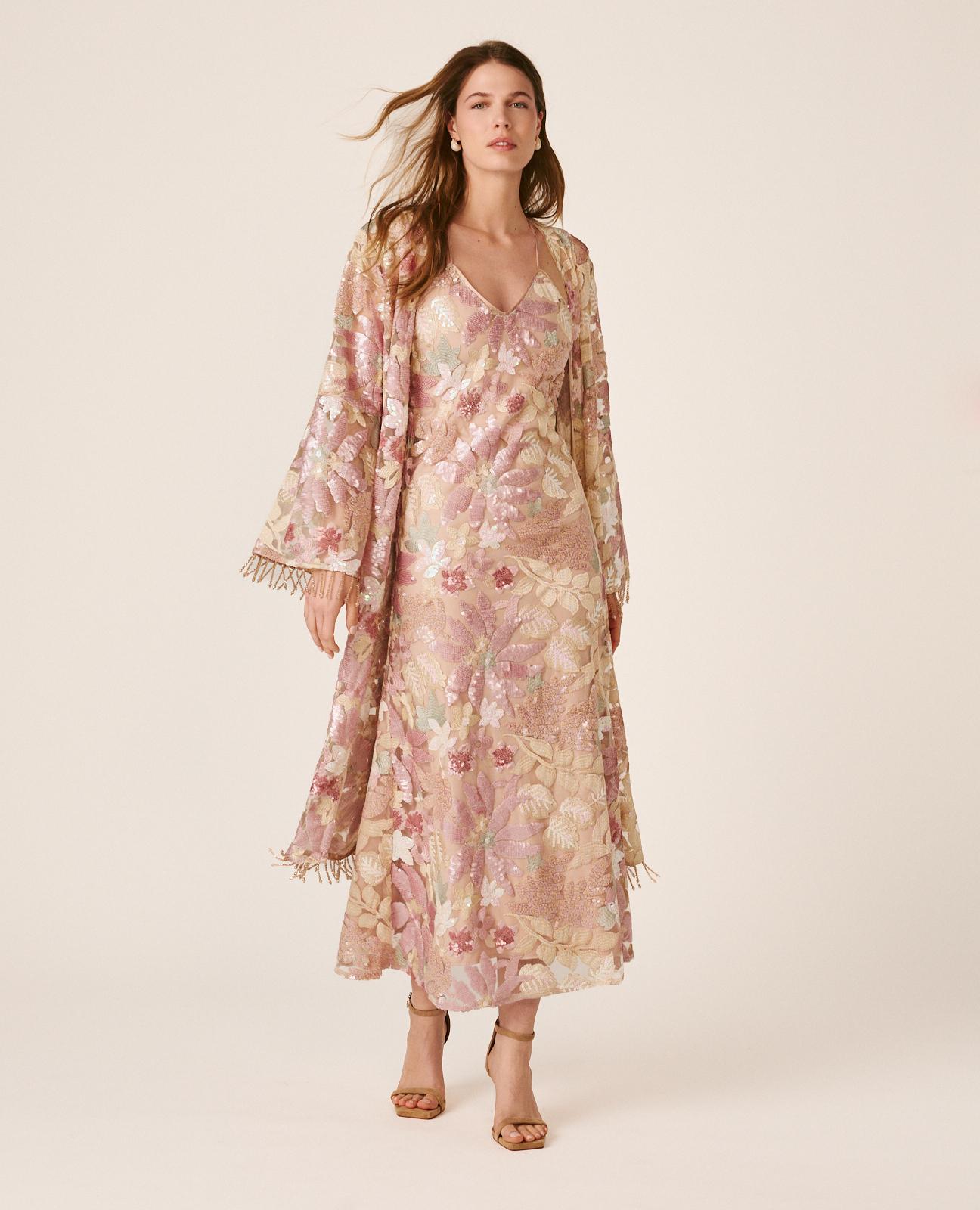 Kaftan de Lantejoulas com Estampado Floral e Manga Comprida À Boca de Sino Rosa-5