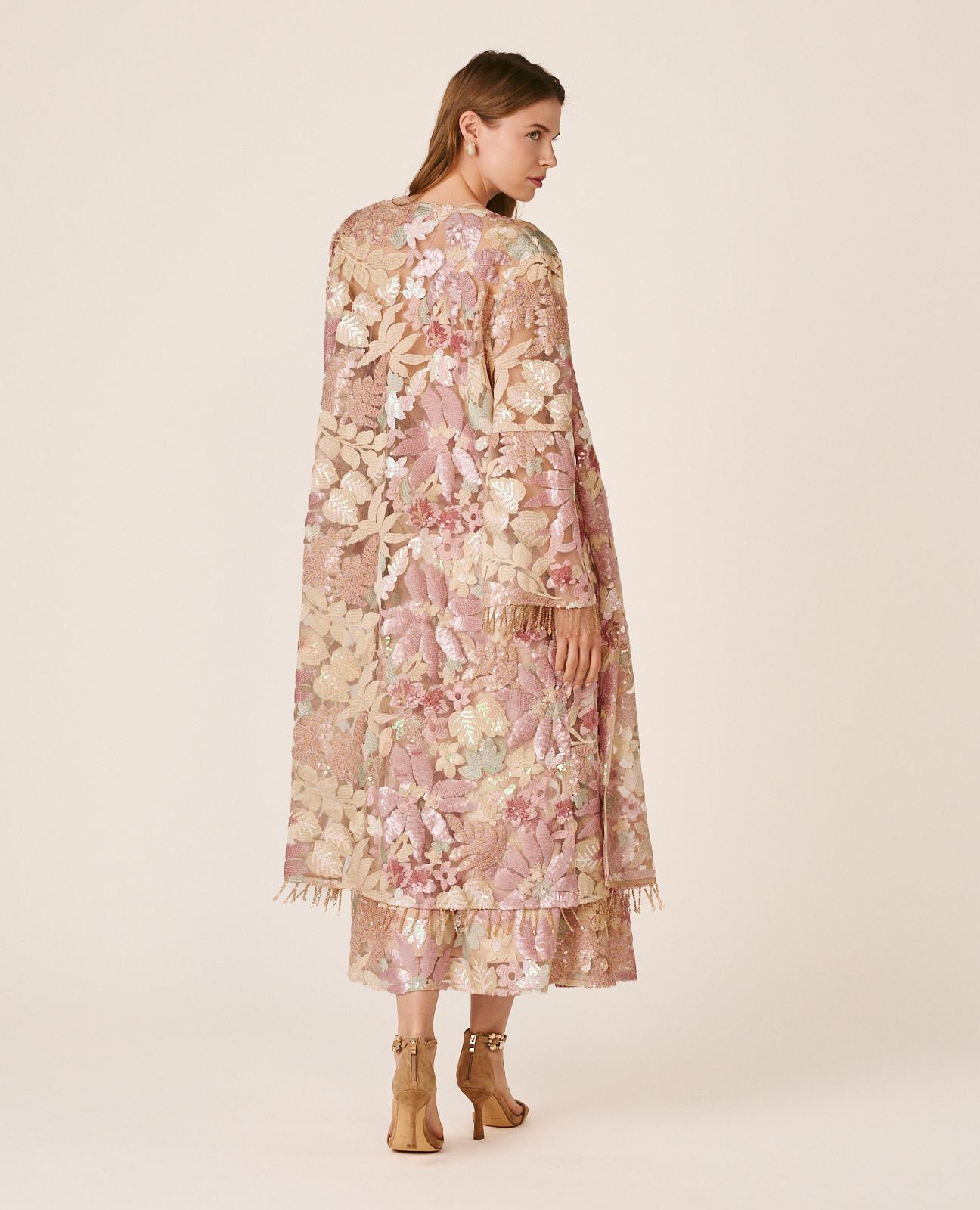 Kaftan de Lantejoulas com Estampado Floral e Manga Comprida À Boca de Sino Rosa-7