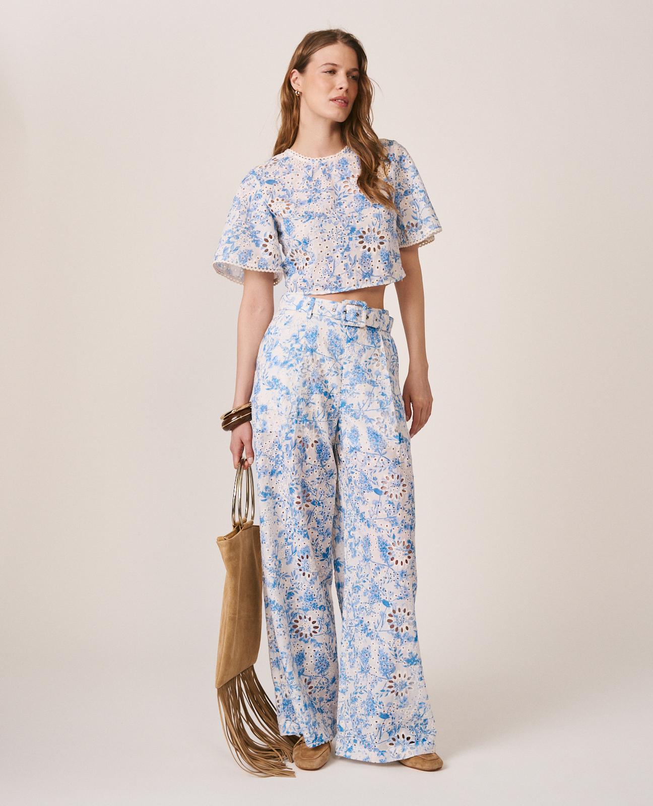 Calças Largas de Pinças com Estampado Floral Azul-2