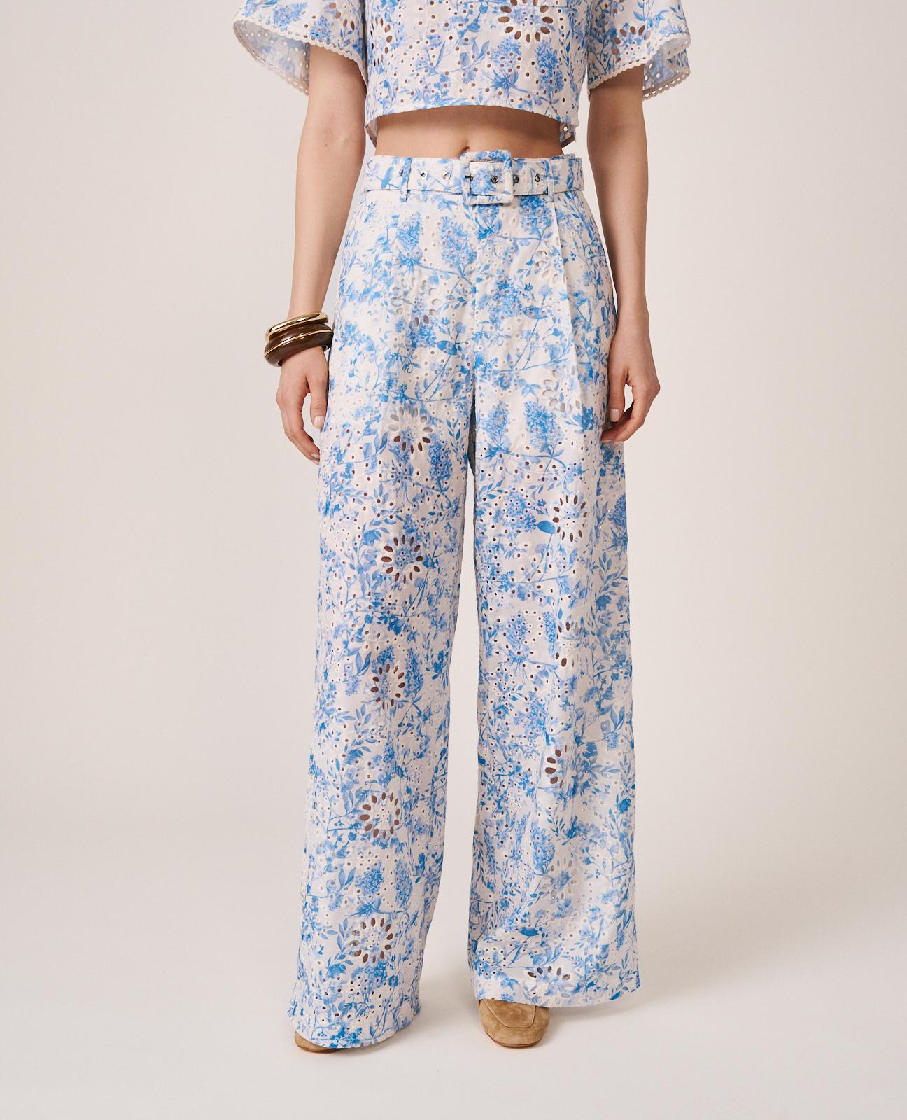 Calças Largas de Pinças com Estampado Floral Azul-3