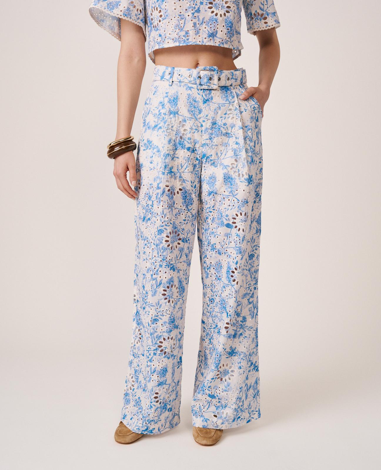 Calças Largas de Pinças com Estampado Floral Azul-4