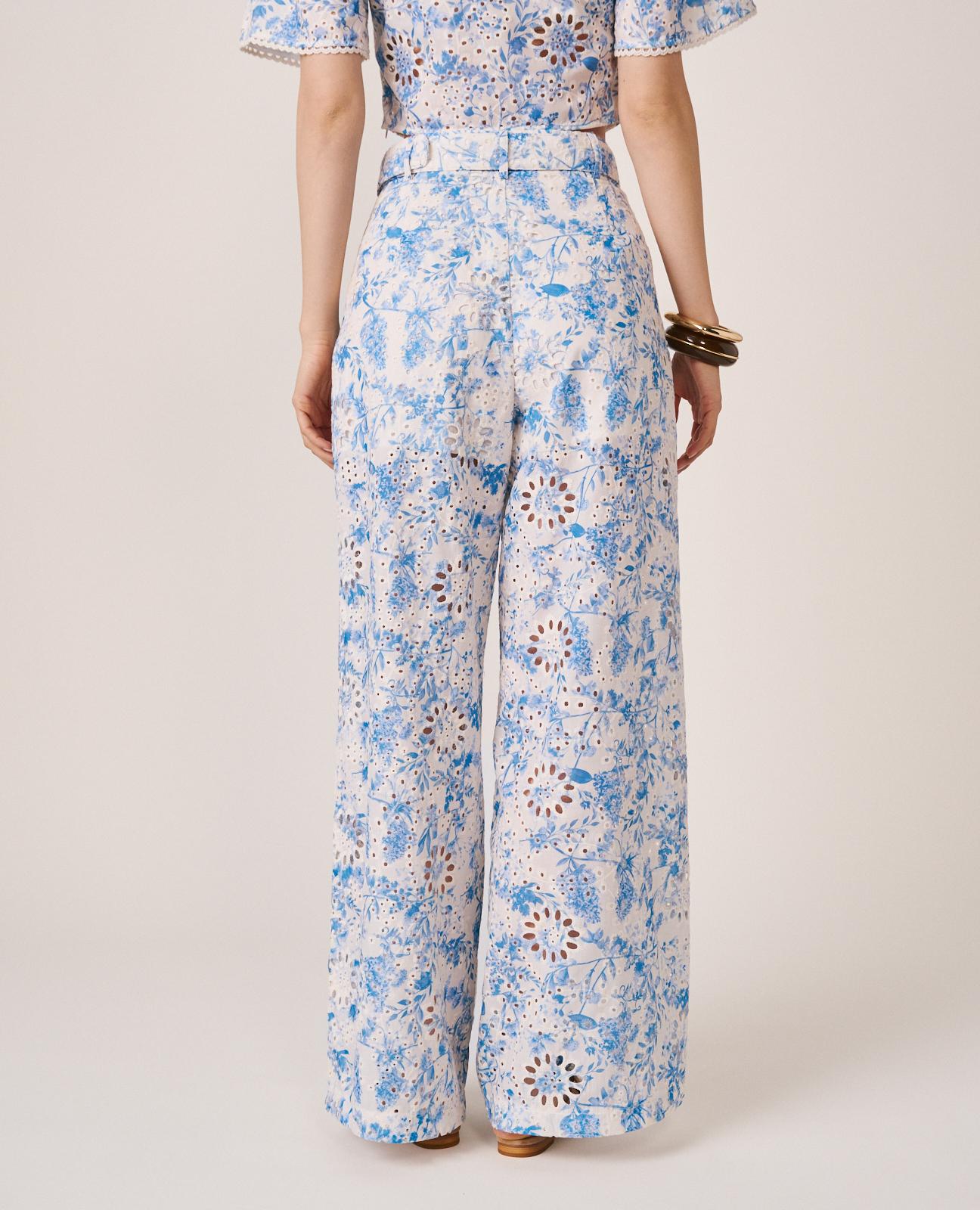 Calças Largas de Pinças com Estampado Floral Azul-6