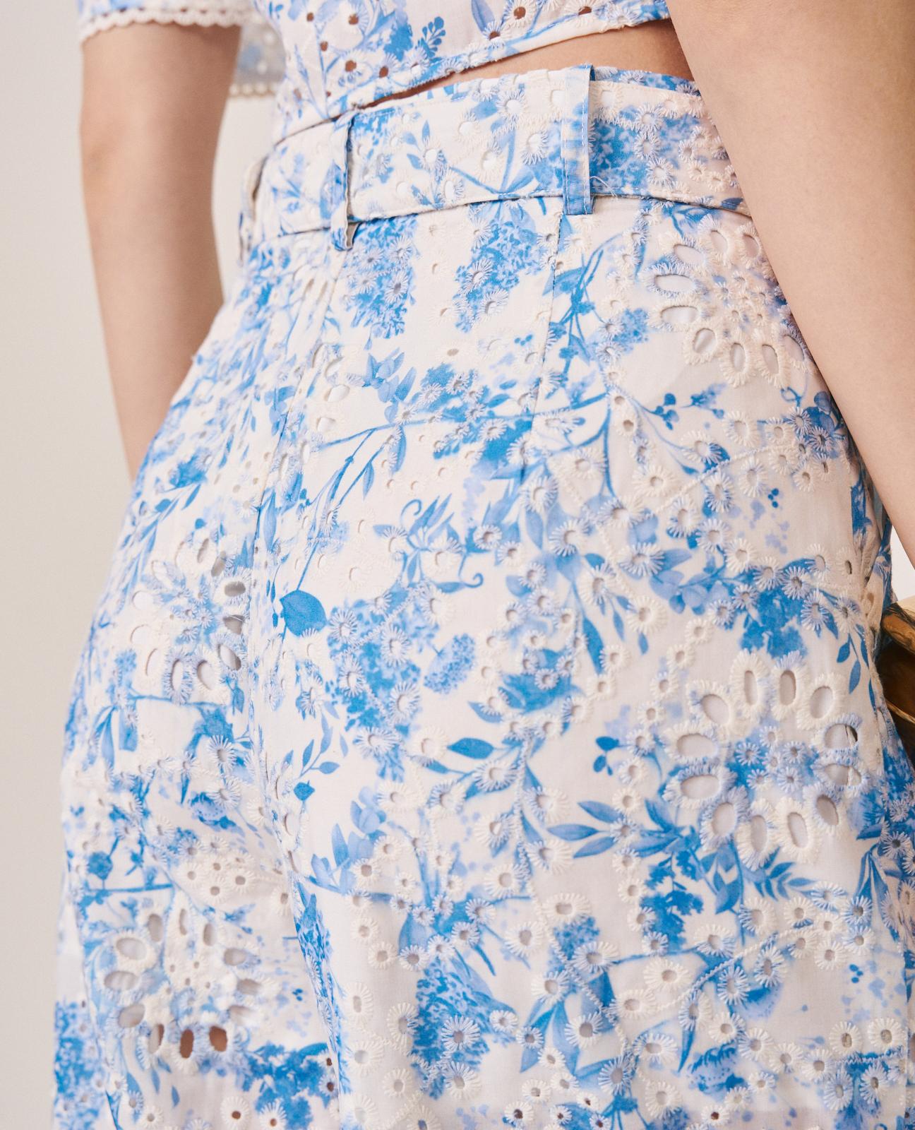 Calças Largas de Pinças com Estampado Floral Azul-7