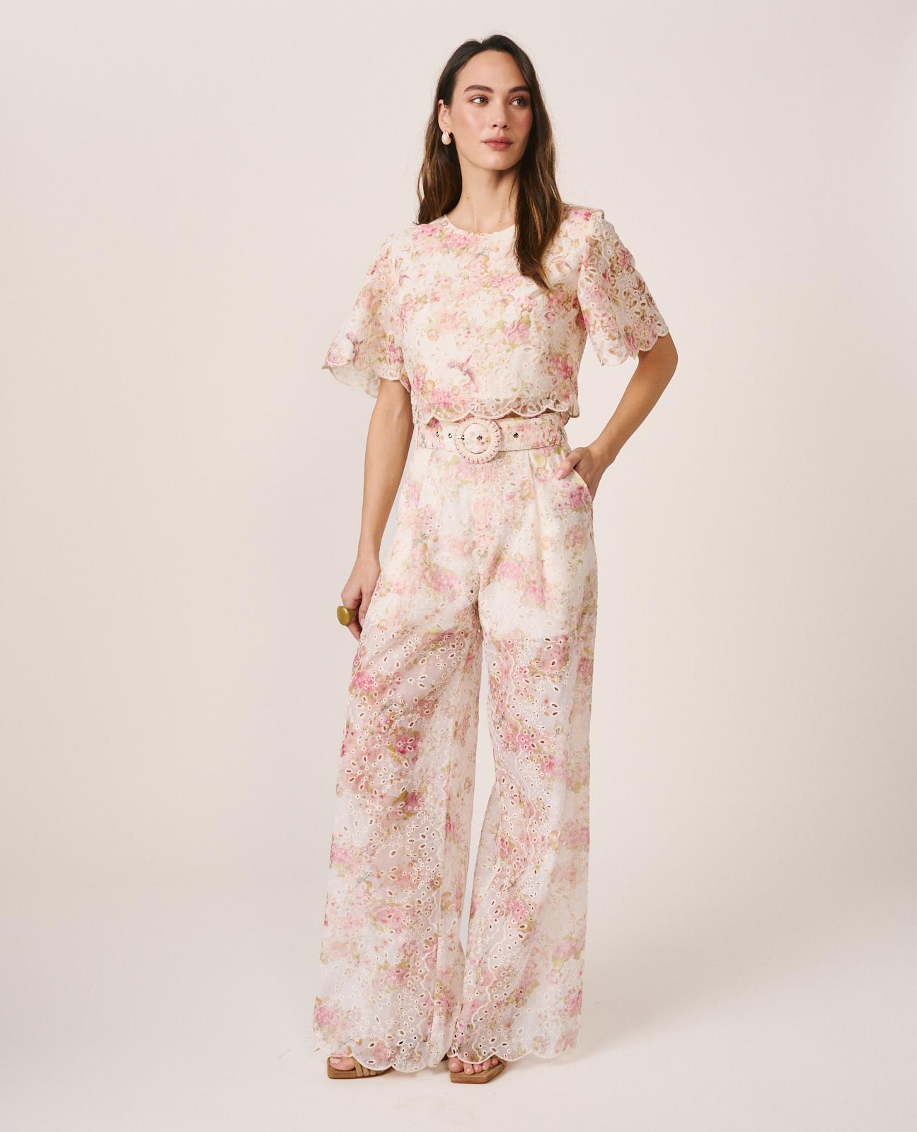 Calças Largas de Pinças com Estampado Floral Rosa-1