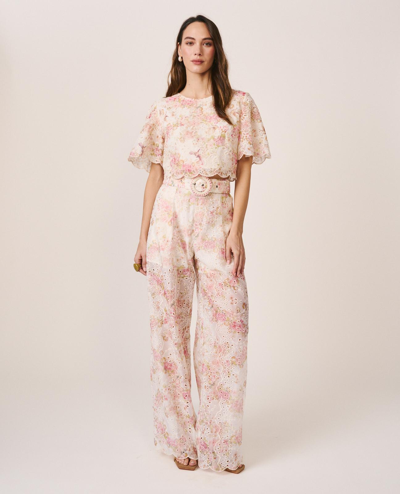 Calças Largas de Pinças com Estampado Floral Rosa-2