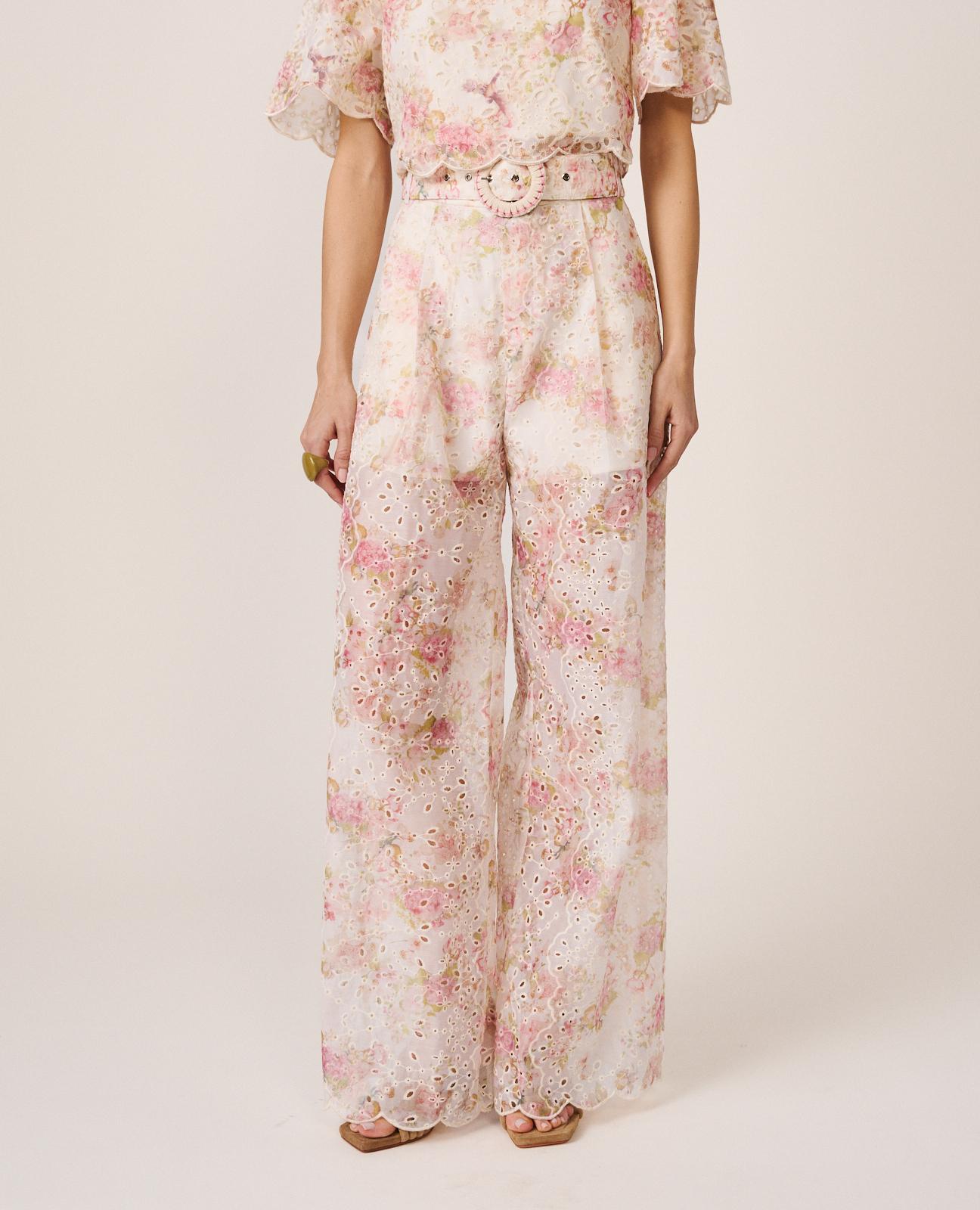 Calças Largas de Pinças com Estampado Floral Rosa-3
