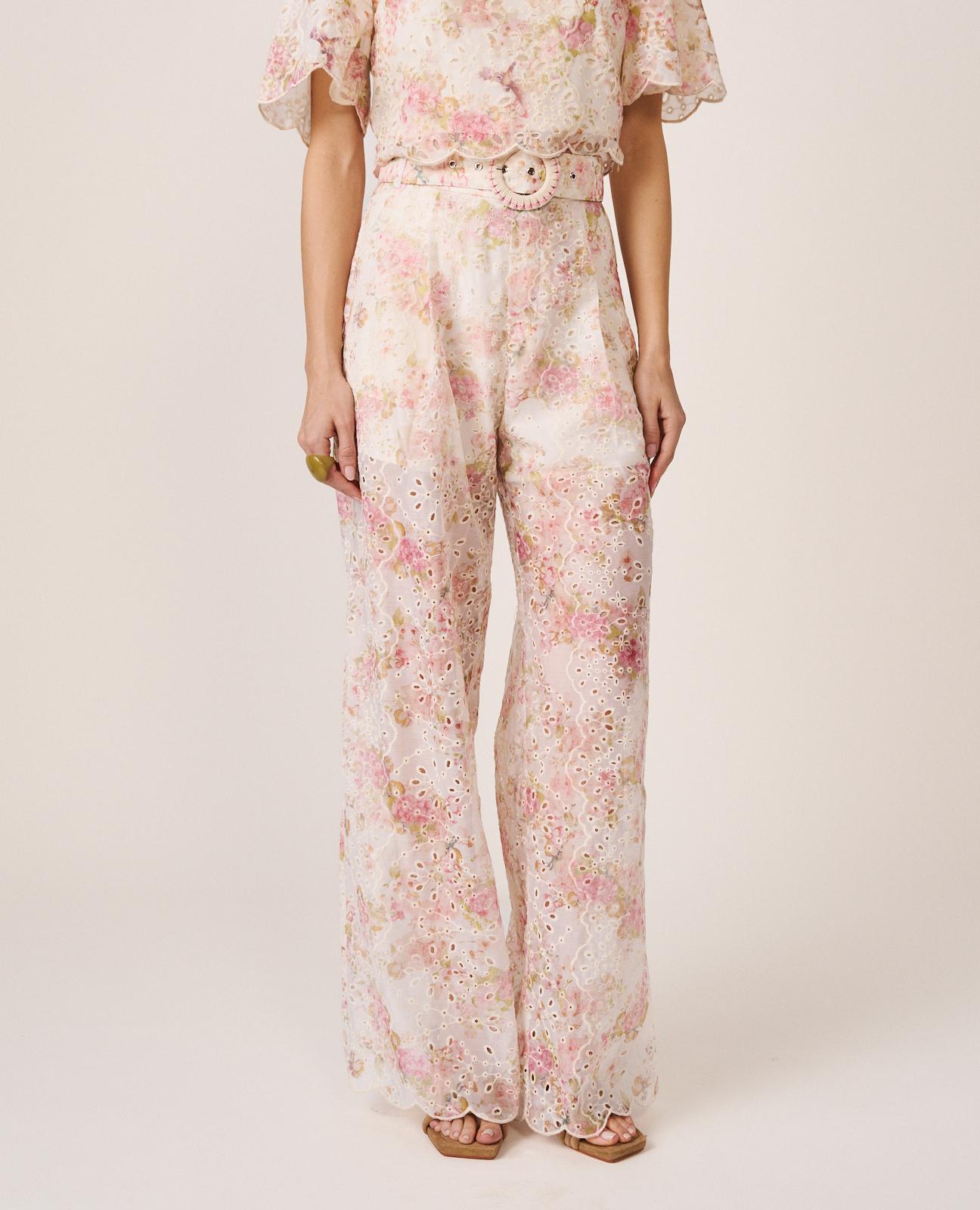 Calças Largas de Pinças com Estampado Floral Rosa-4