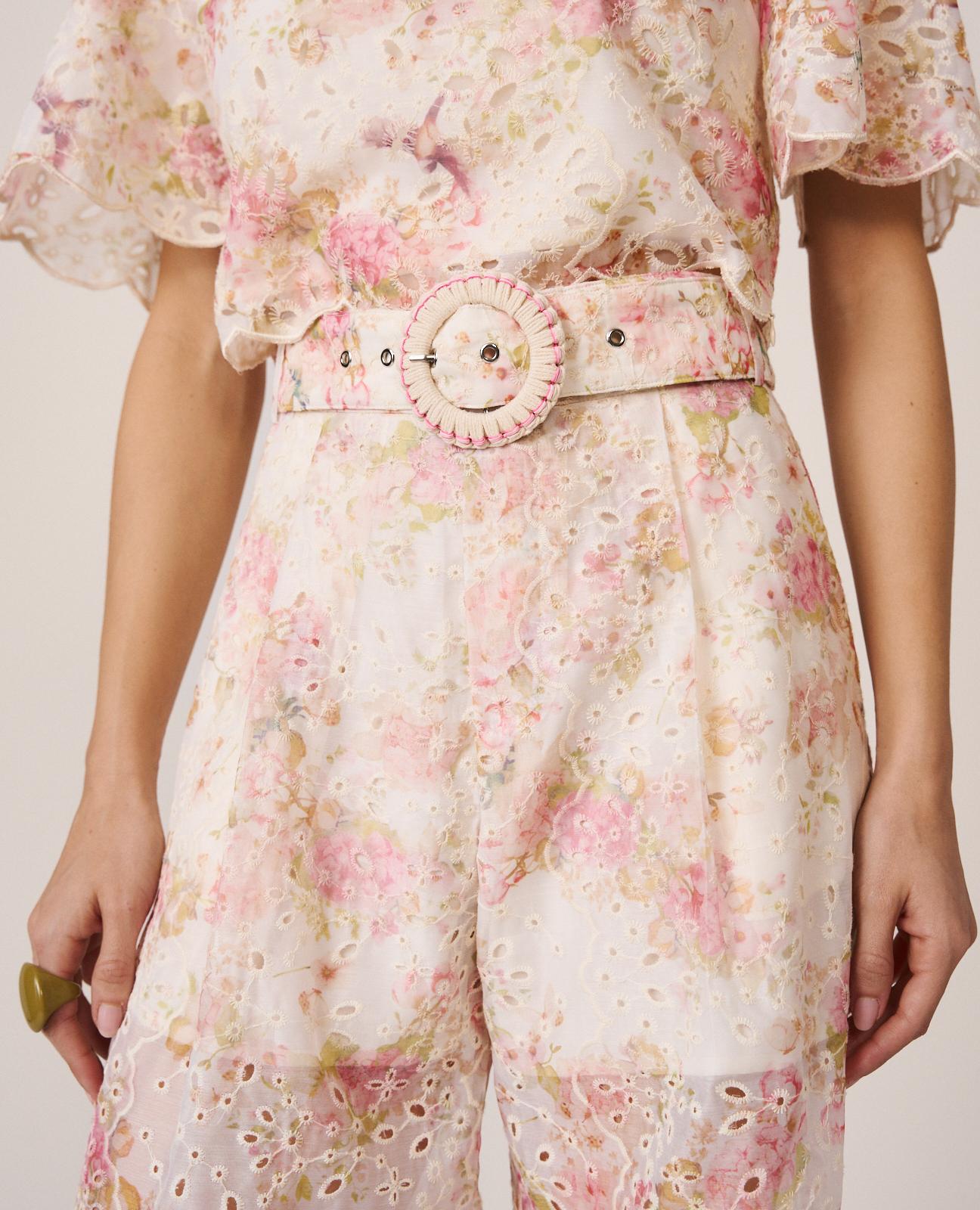 Calças Largas de Pinças com Estampado Floral Rosa-5