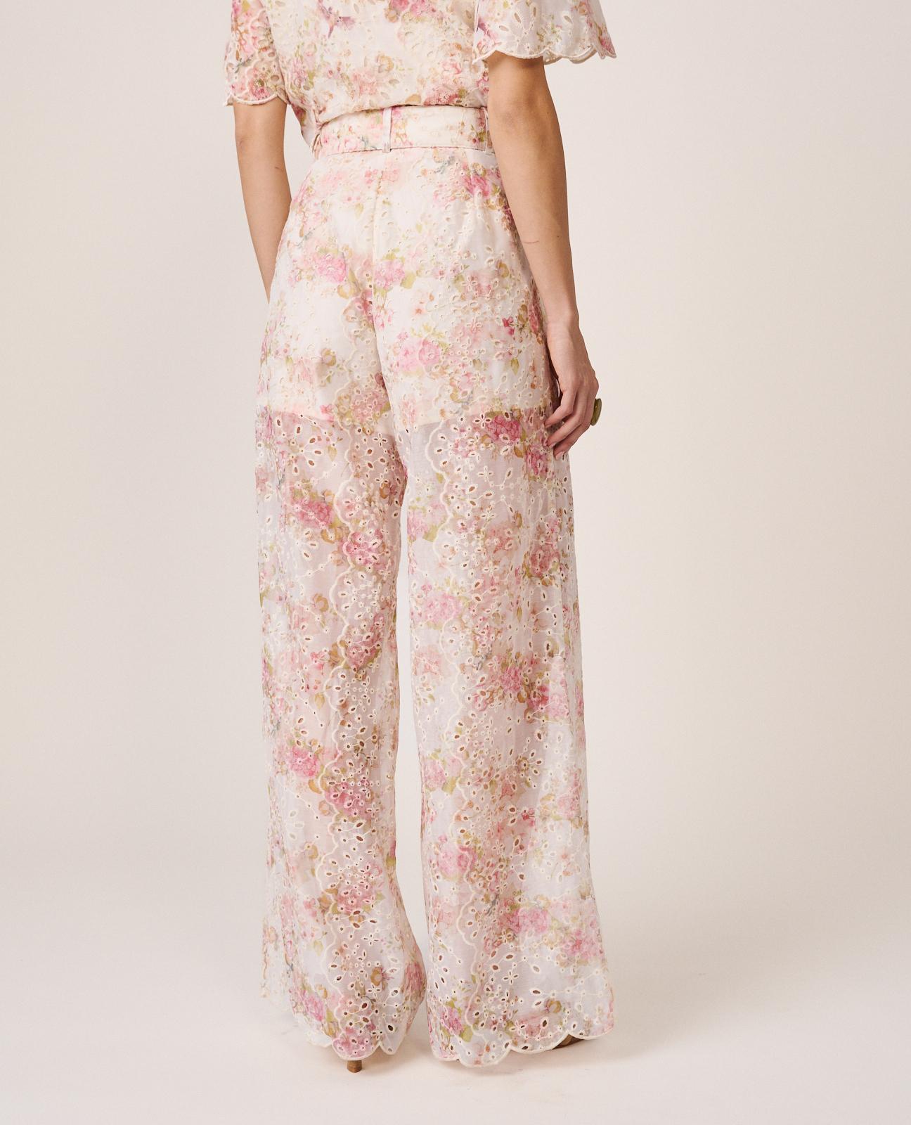 Calças Largas de Pinças com Estampado Floral Rosa-6