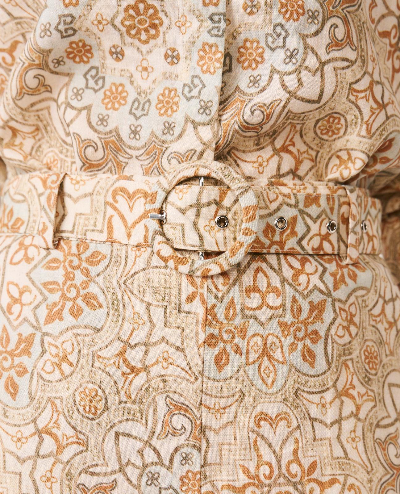 Calças Retas com Estampado Mosaico com Bolsos Laterais Caqui-5