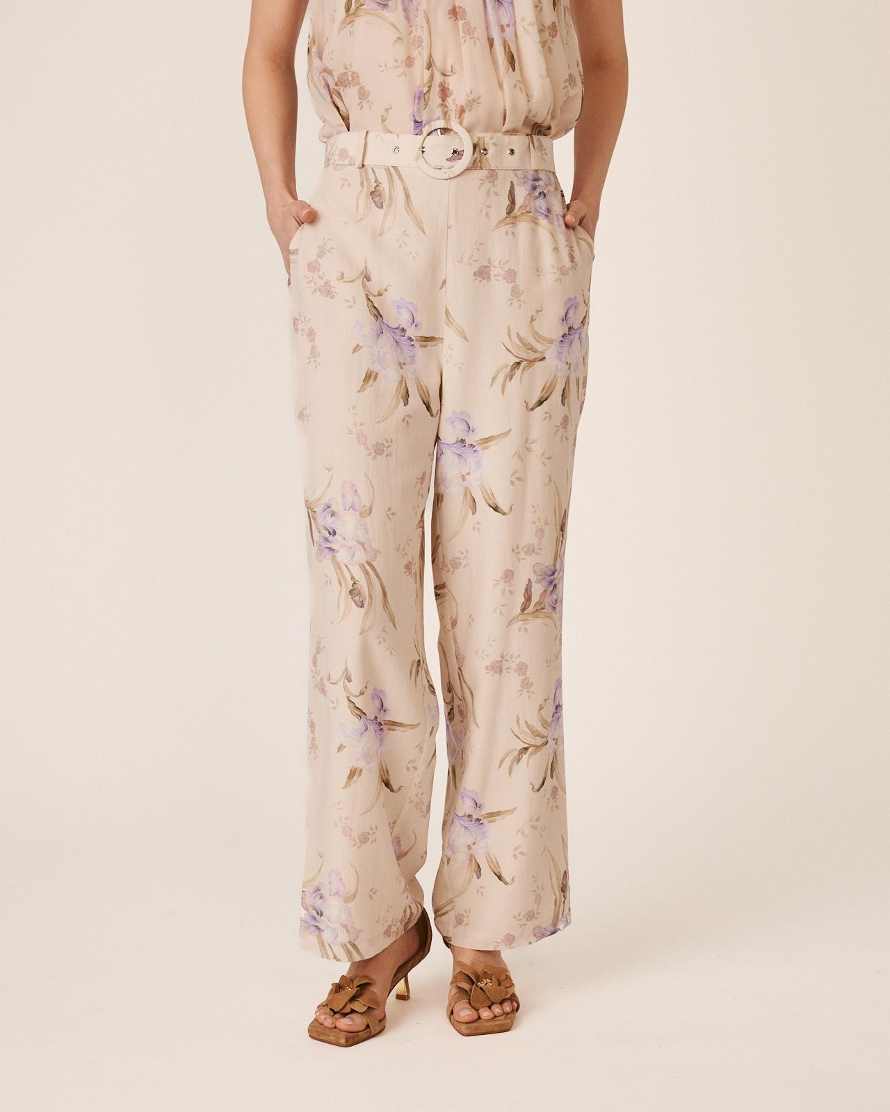 Calças Largas Wide Leg com Estampado Mosaico e Bolsos Laterais Lilás-2