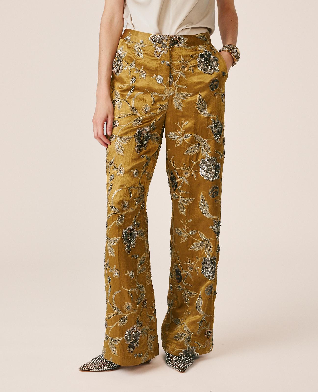 Calças Retas de Cintura Subida com Estampado Floral Caqui-3