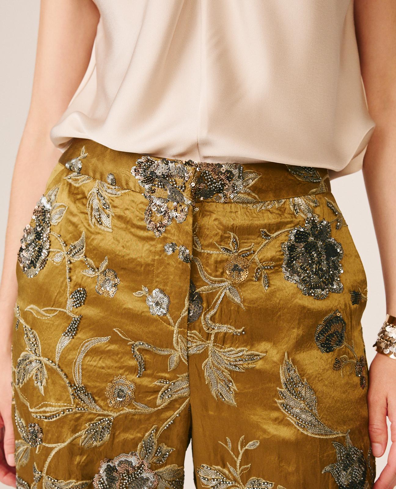 Calças Retas de Cintura Subida com Estampado Floral Caqui-4