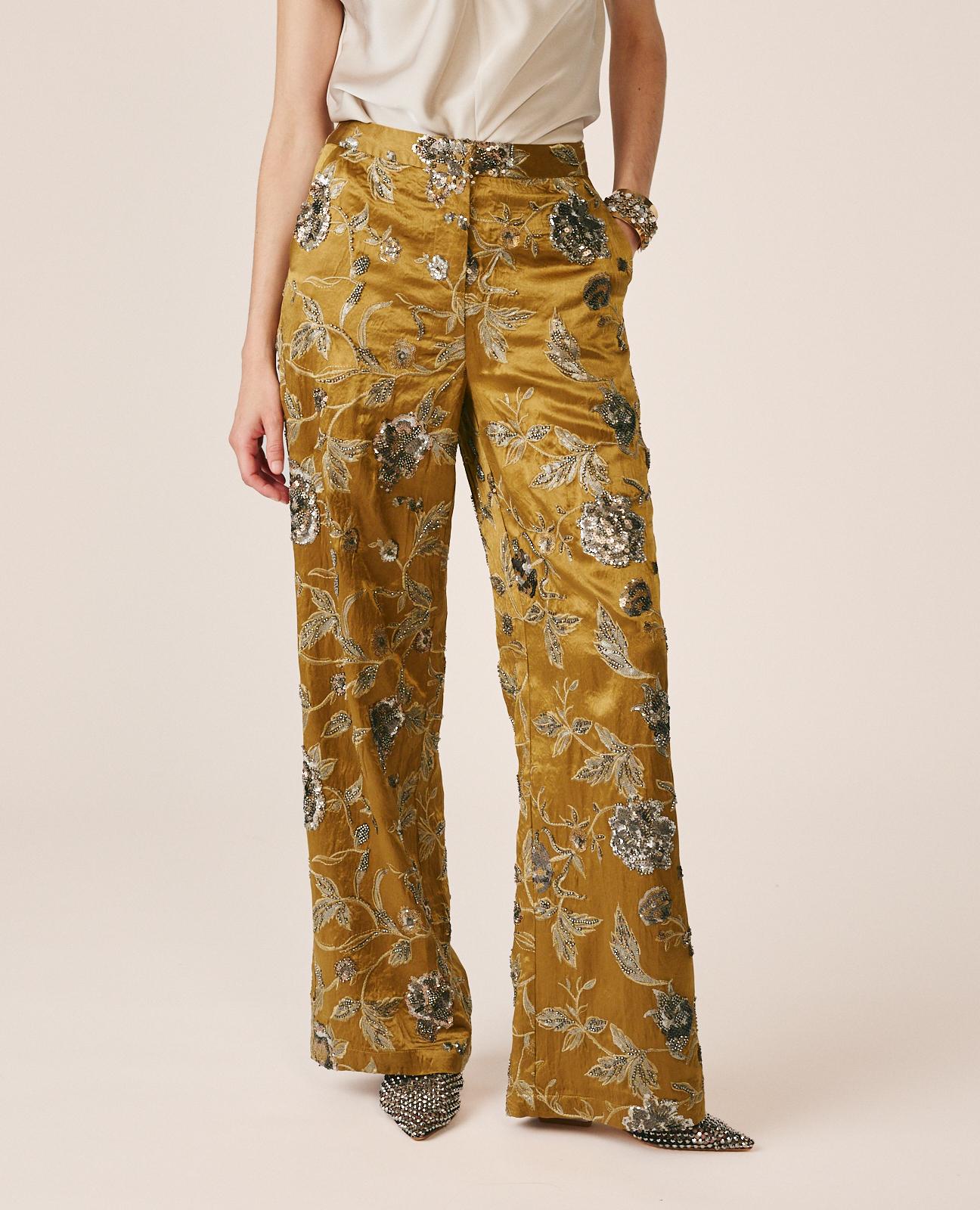 Calças Retas de Cintura Subida com Estampado Floral Caqui-6