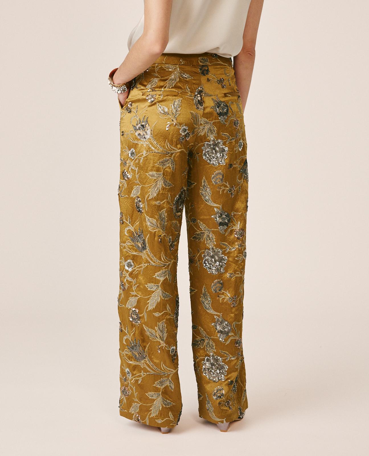 Calças Retas de Cintura Subida com Estampado Floral Caqui-7
