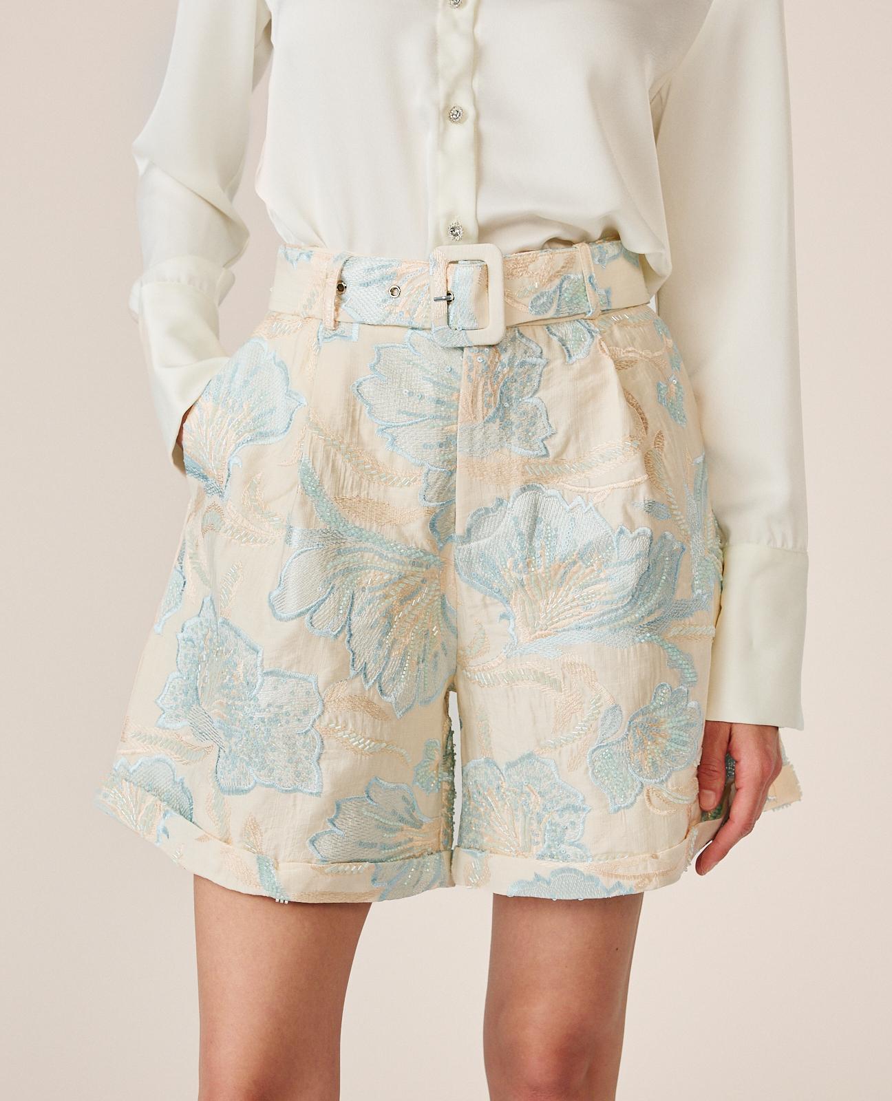 Bermudas de Pinças com Bordados Florais de Cintura Subida e Bolsos Laterais Azul-3