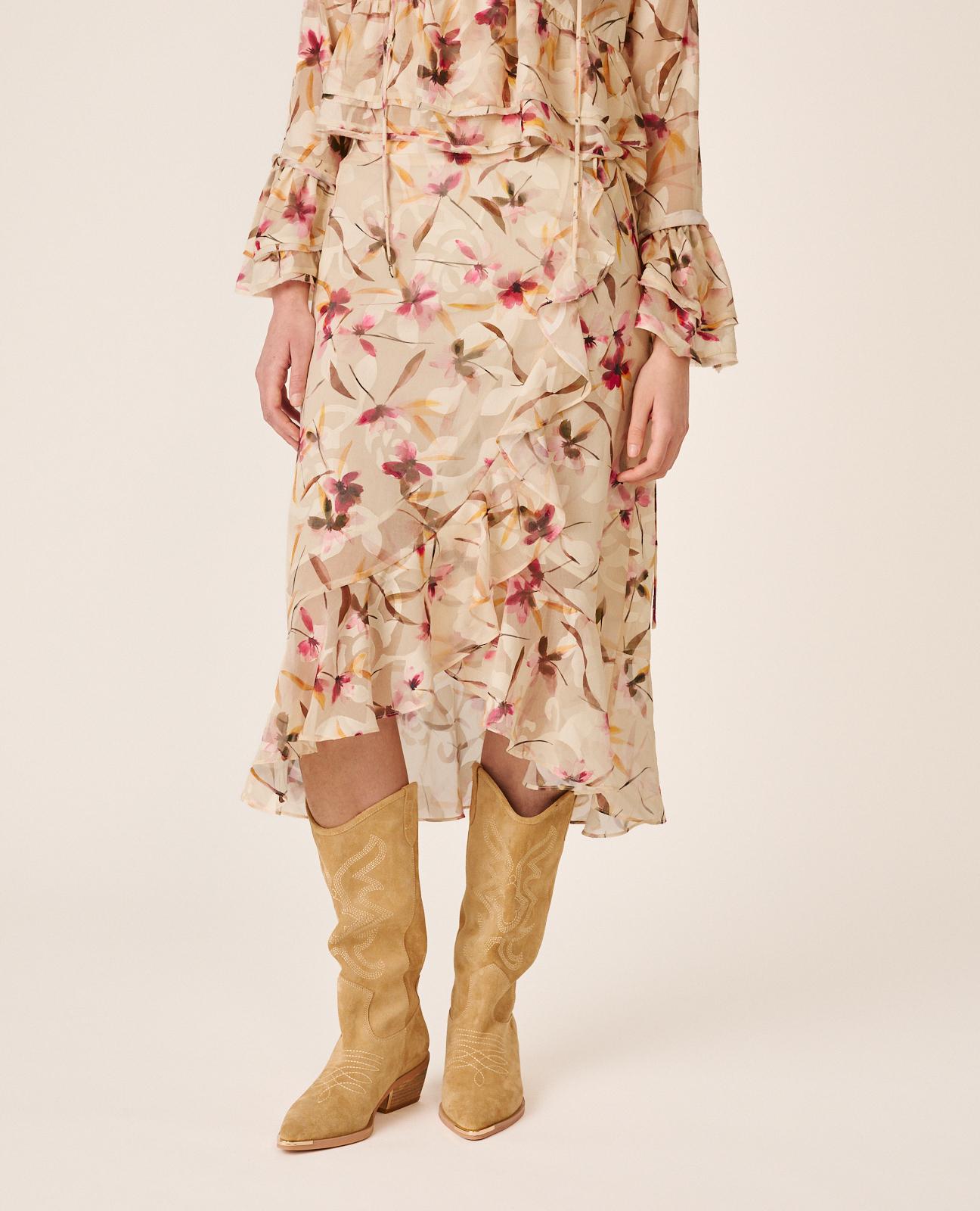 Saia Tipo Wrap com Cintura Elástica e Estampado Floral Laranja-3