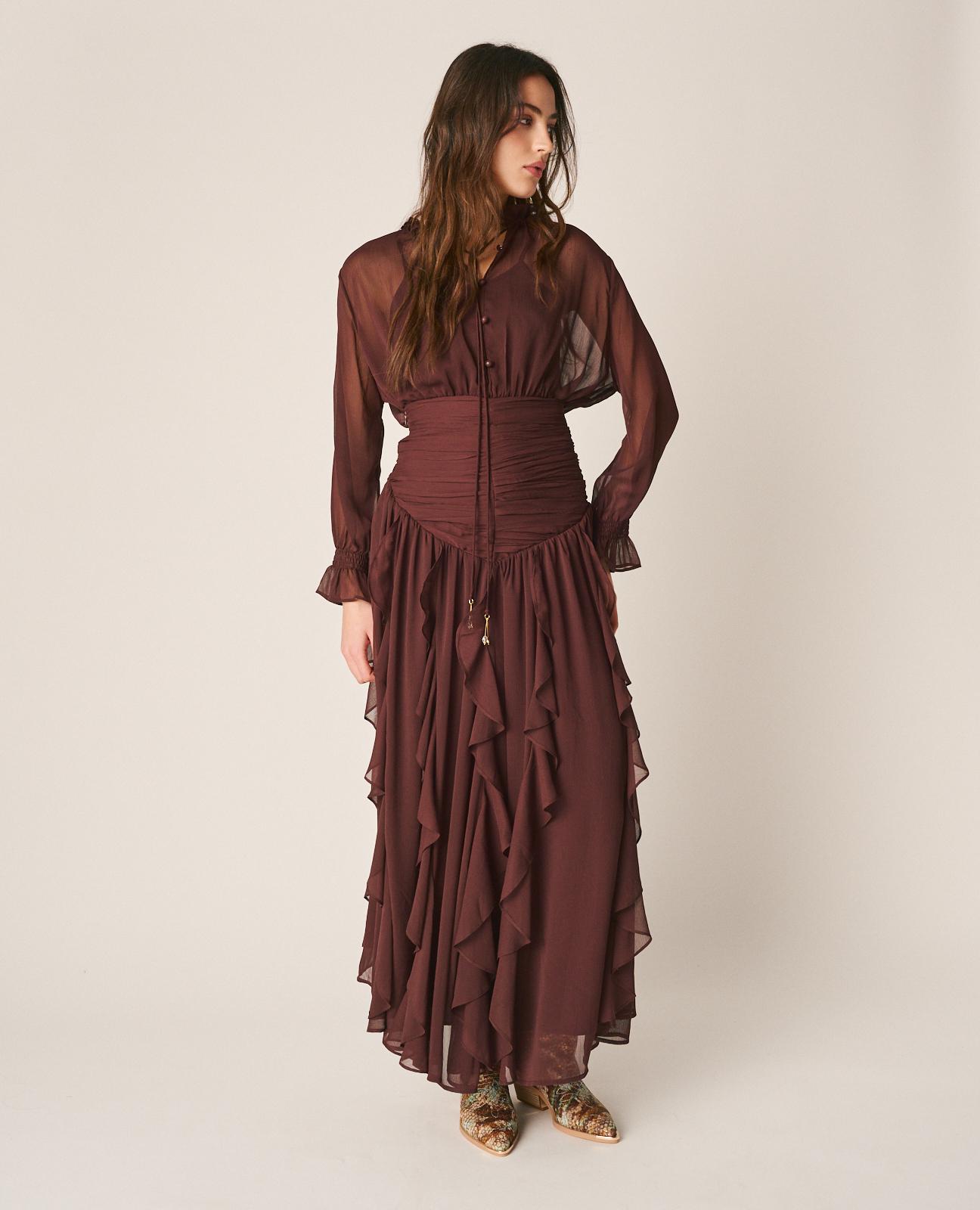 Imagem 0 de Saia Midi Fluida com Cinto Drapeado na Anca e Folhos Verticais