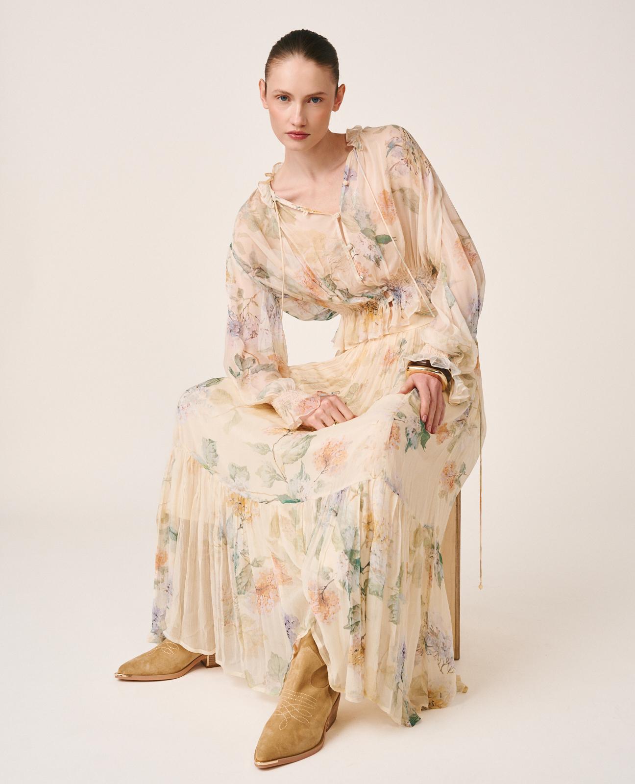 Saia Midi Fluida com Estampado Floral e Bainha em Evasé com Fecho Zip Invisível Bege-2