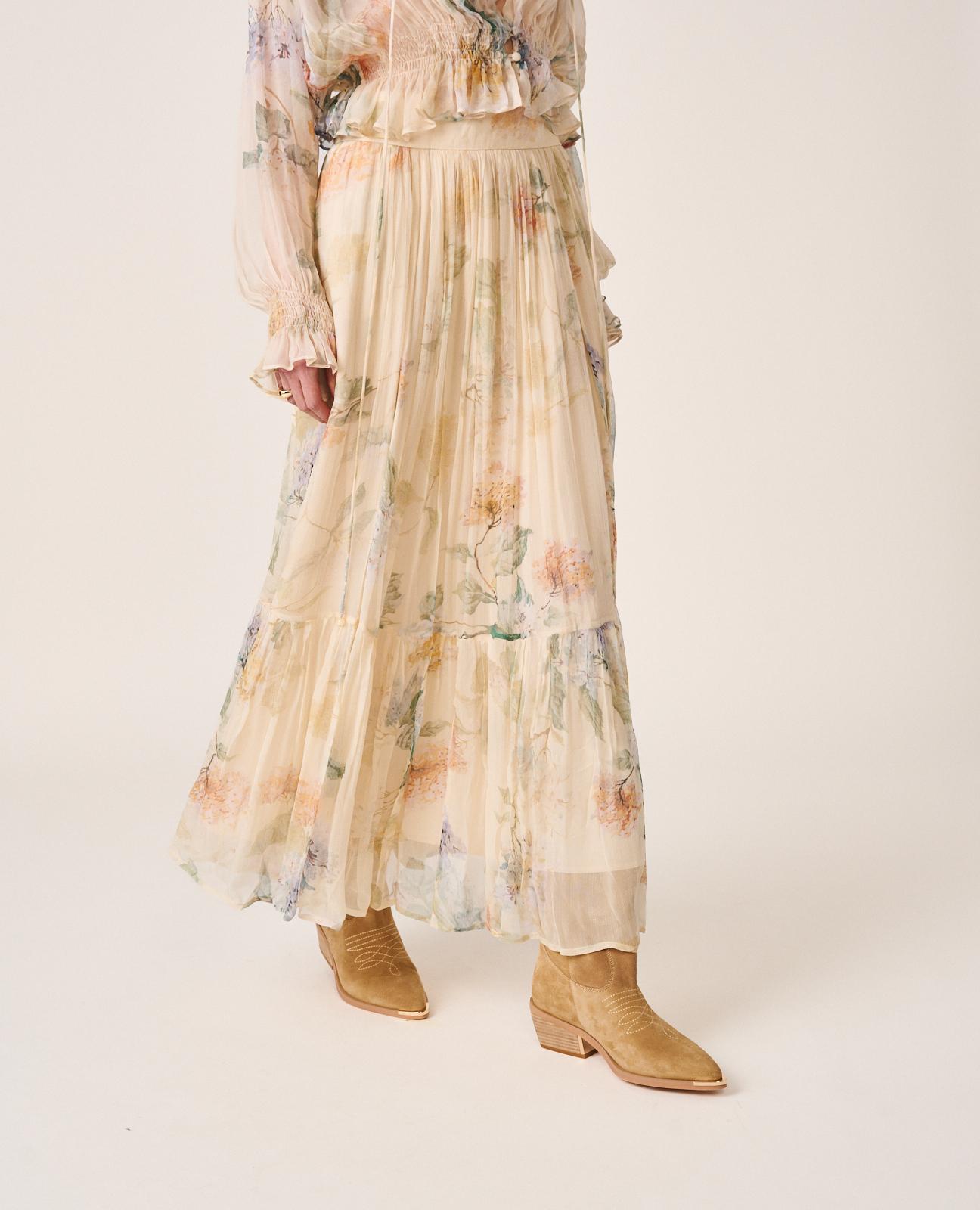 Saia Midi Fluida com Estampado Floral e Bainha em Evasé com Fecho Zip Invisível Bege-4