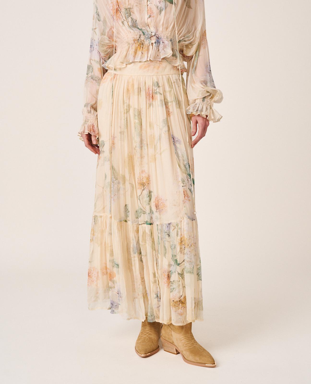 Saia Midi Fluida com Estampado Floral e Bainha em Evasé com Fecho Zip Invisível Bege-5