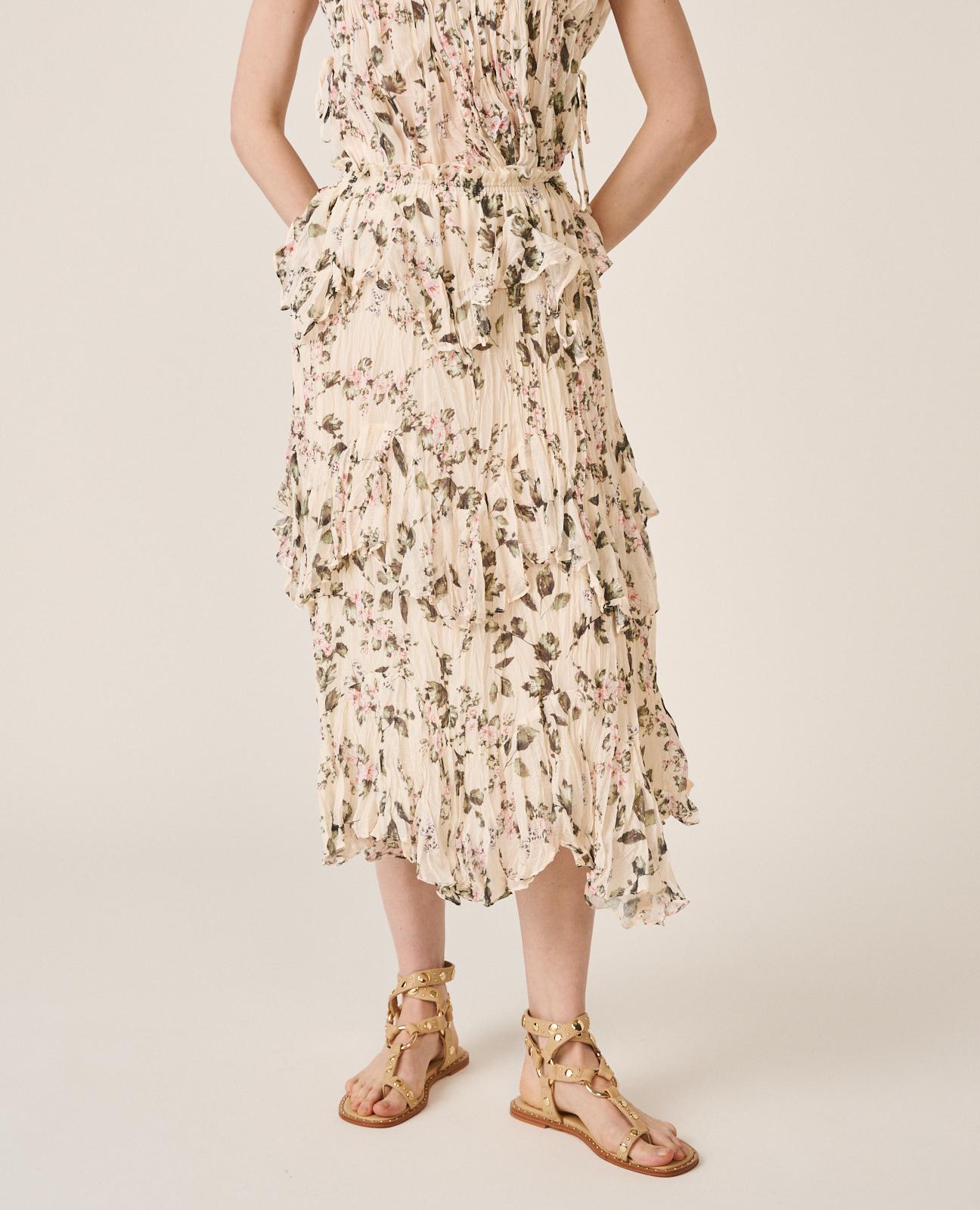 Saia Midi Fluida com Cintura Elástica e Estampado Floral Verde-3