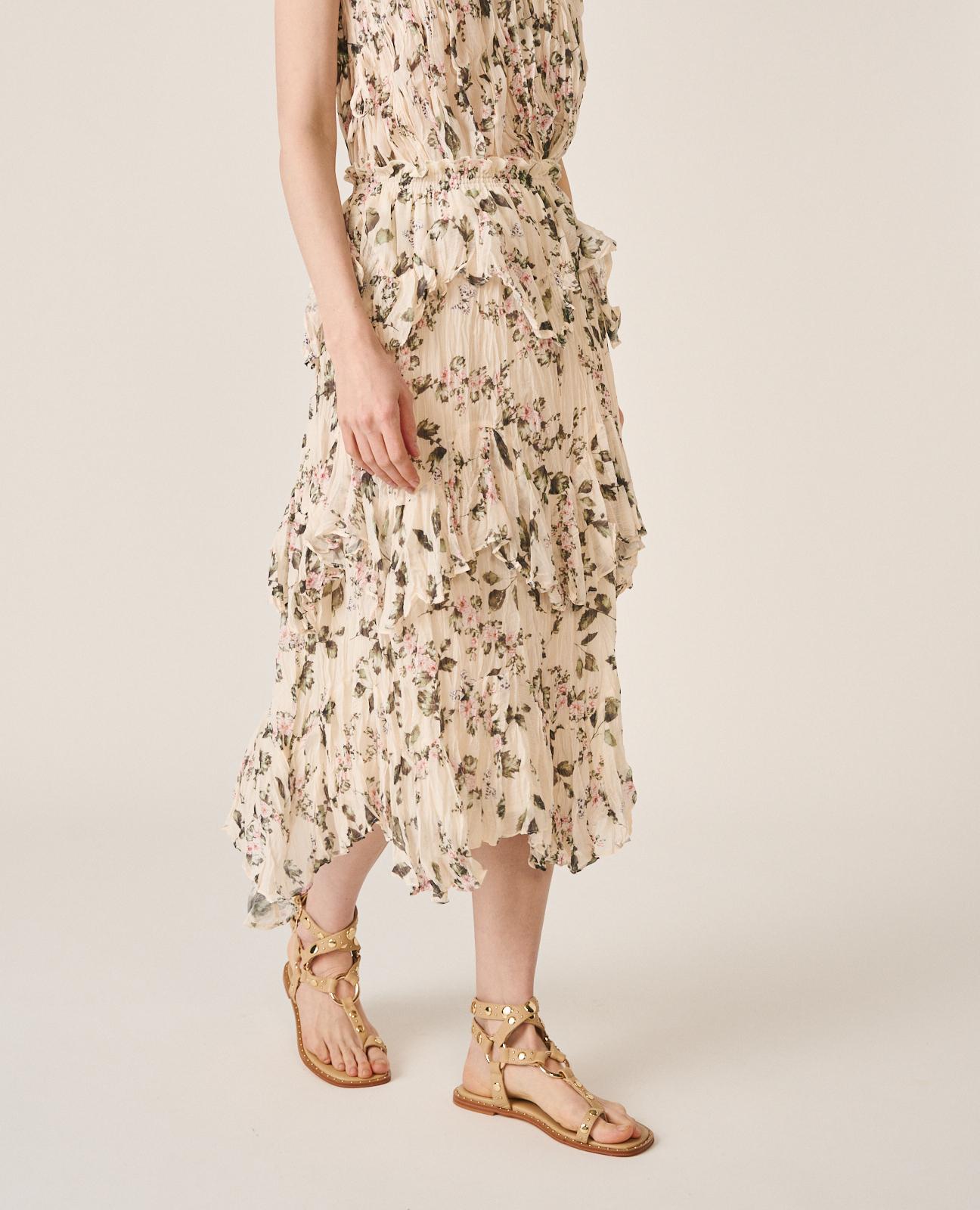 Saia Midi Fluida com Cintura Elástica e Estampado Floral Verde-5
