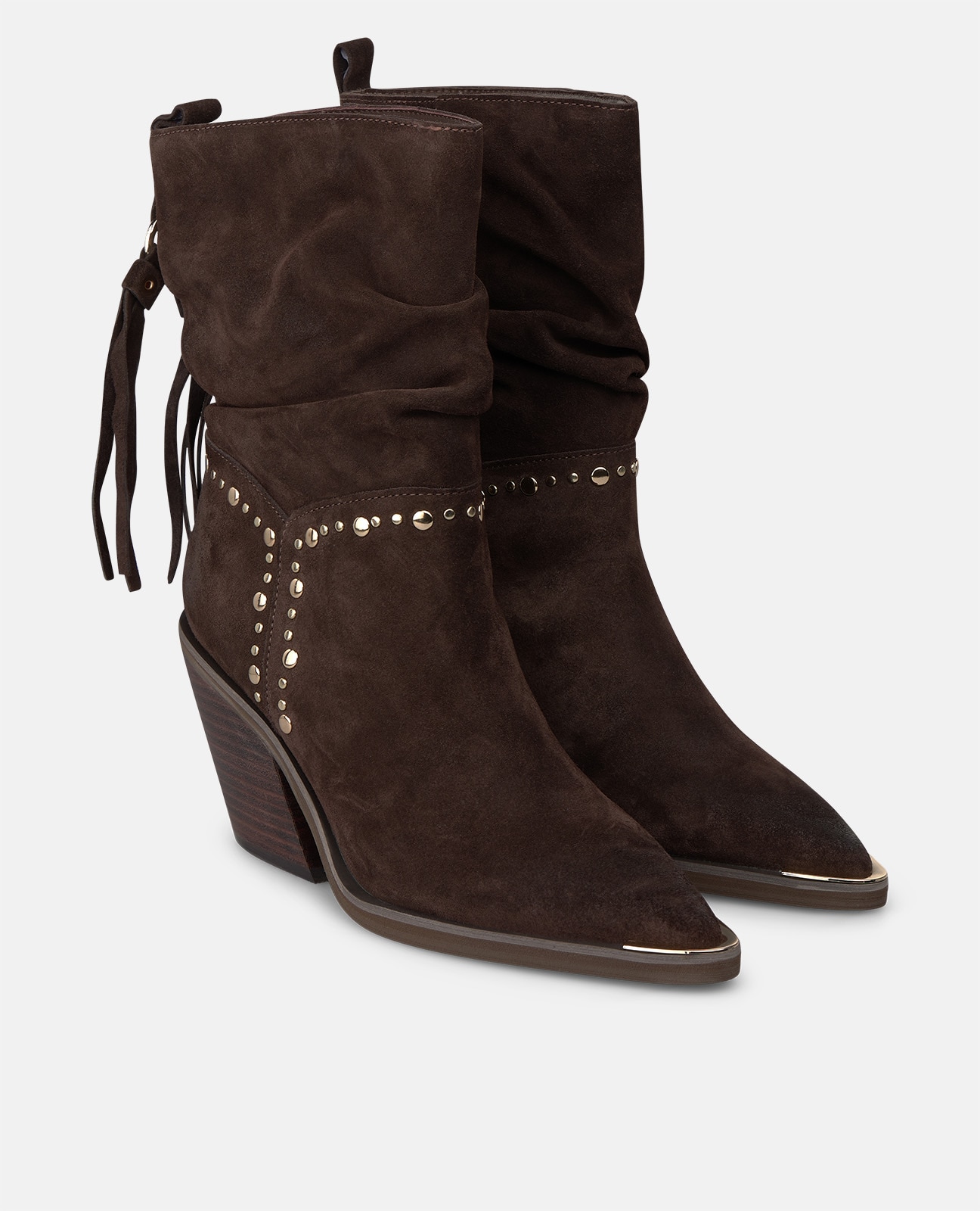 Botins Cowboy em Camurça com Tachas Metálicas e Franjas Castanho-2