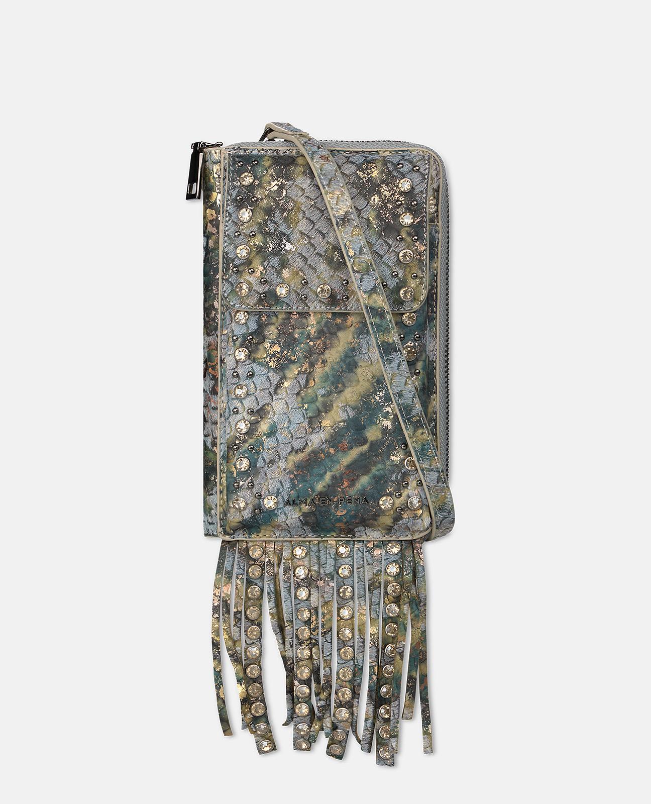 Bolsa para o Telemóvel de Pele com Design de Tachas Multicolor e Franjas e Ranhuras para Cartões Azul-1