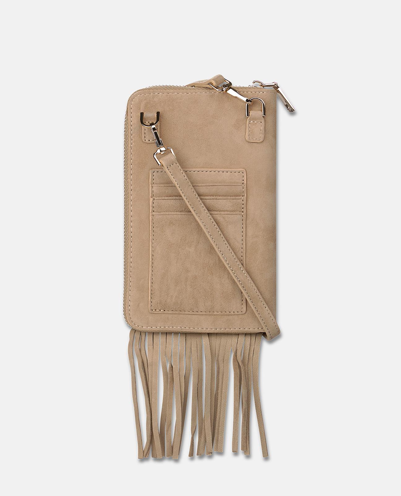 Mala Pequena de Pele com Tachas e Franjas Taupe-2