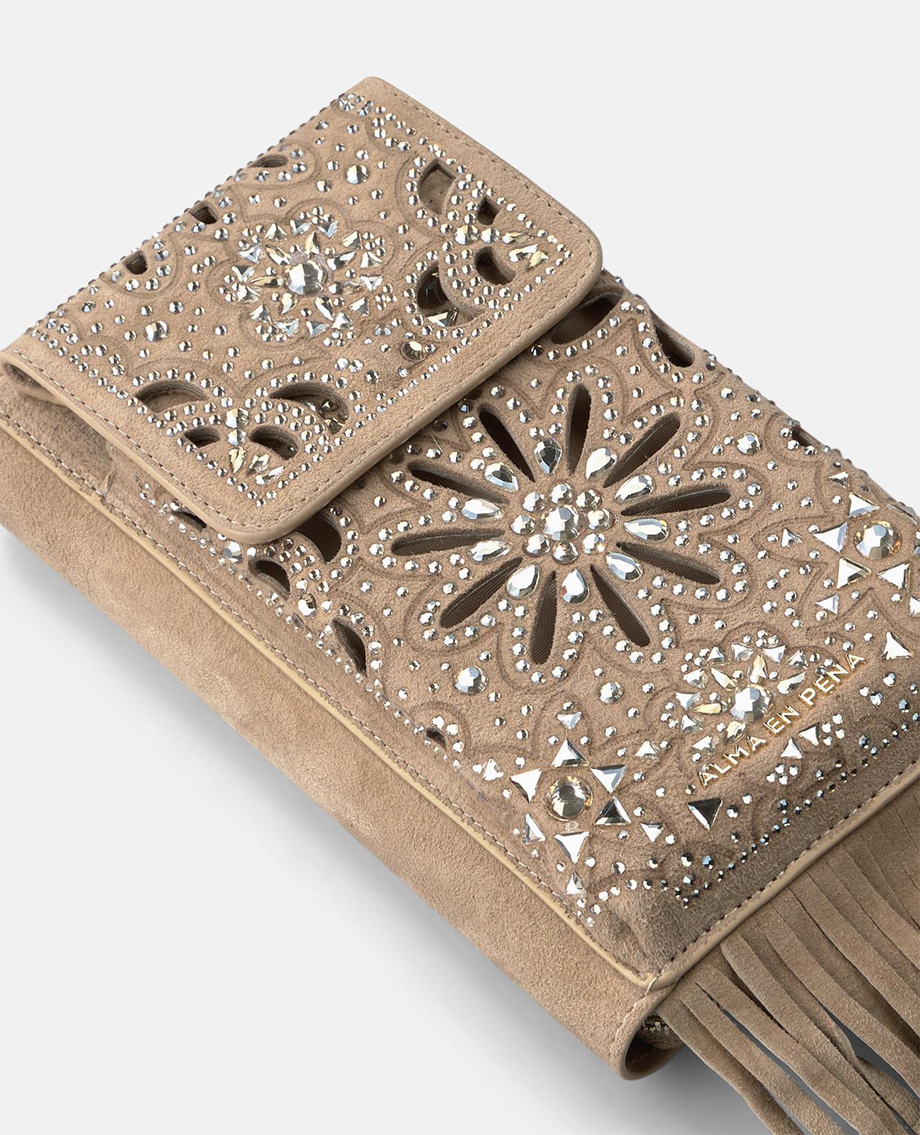 Mala Pequena de Pele com Tachas e Franjas Taupe-5
