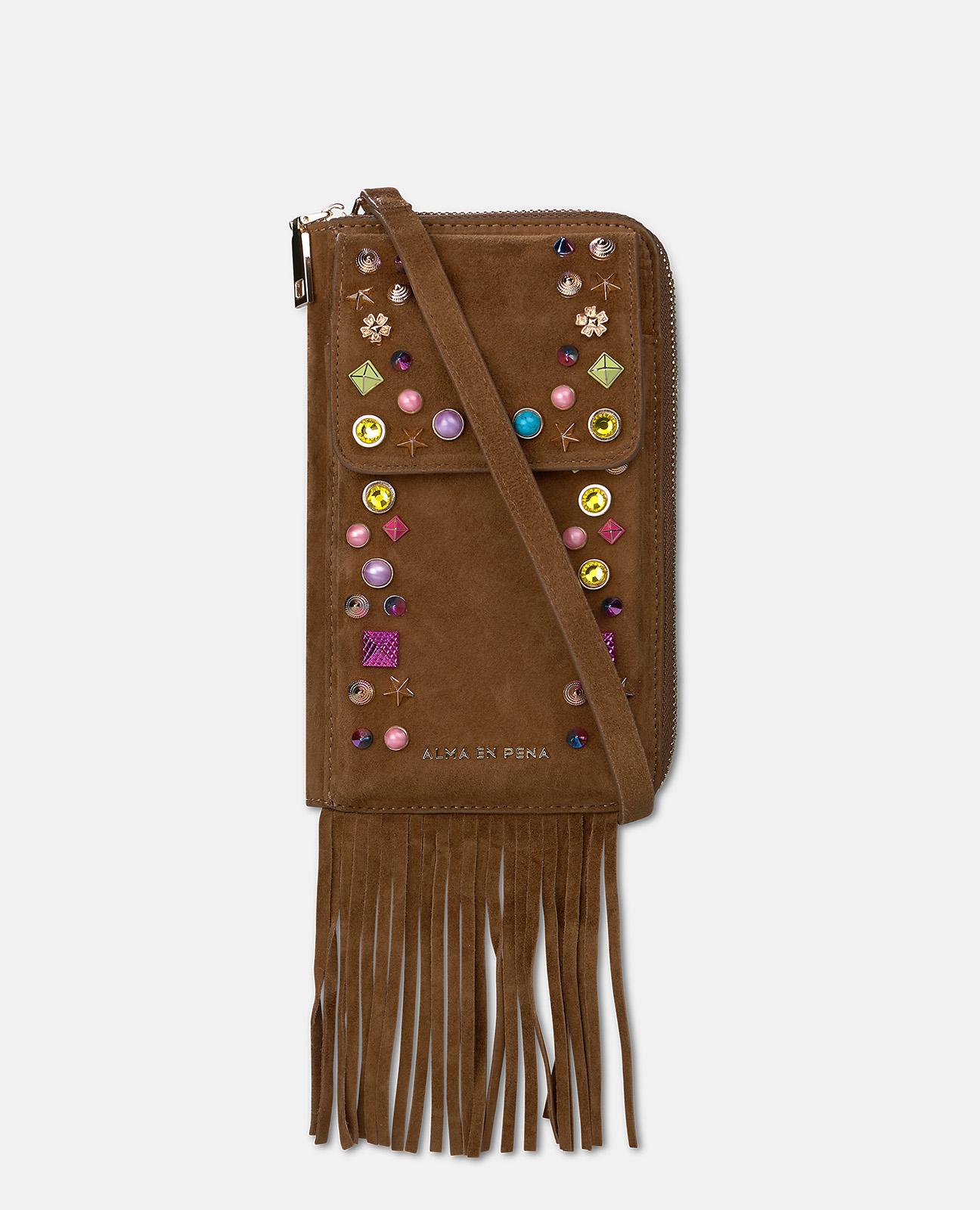 Mala Pequena de Pele com Tachas e Franjas Castanho-3
