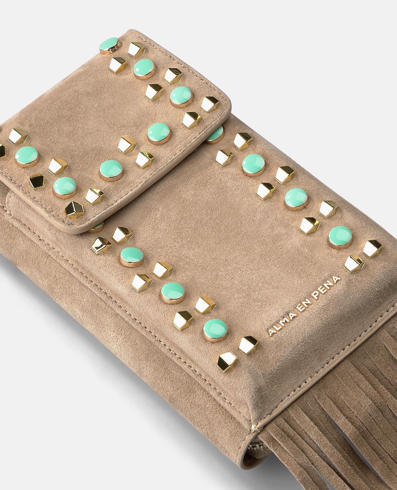 Mala Pequena de Pele com Tachas e Franjas Taupe-4