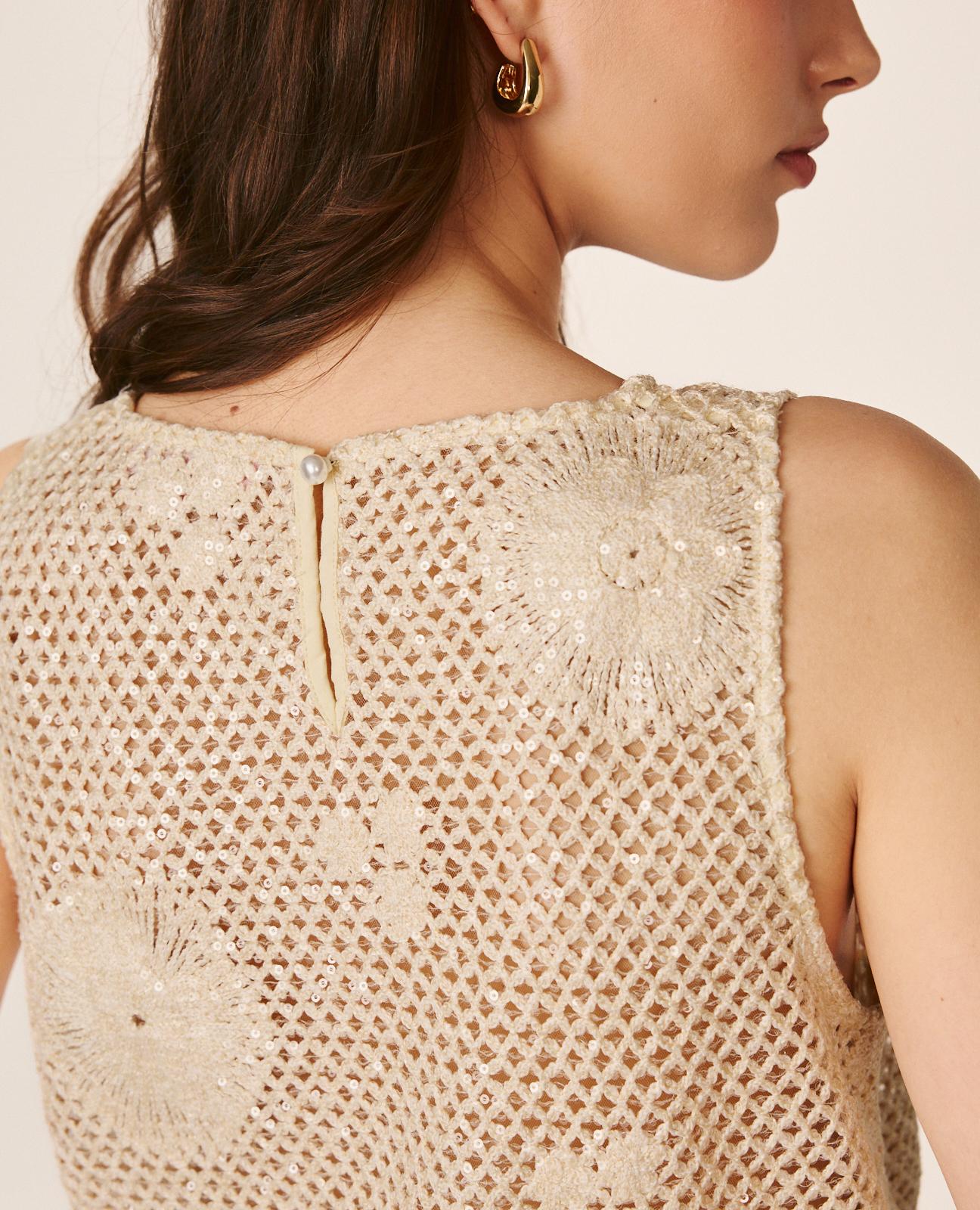 Top com Franjas em Tecido Tipo Crochet com Lantejoulas Ouro-5