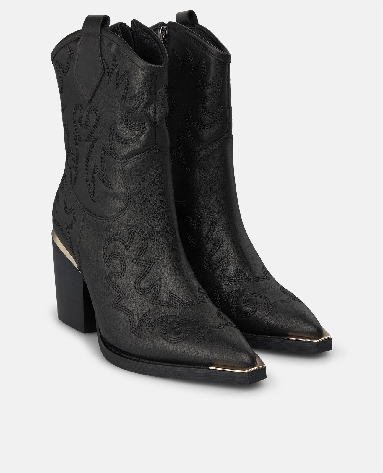 Botins Cowboy em Napa com Fecho Zip Lateral e Detalhes Bordados Preto-2