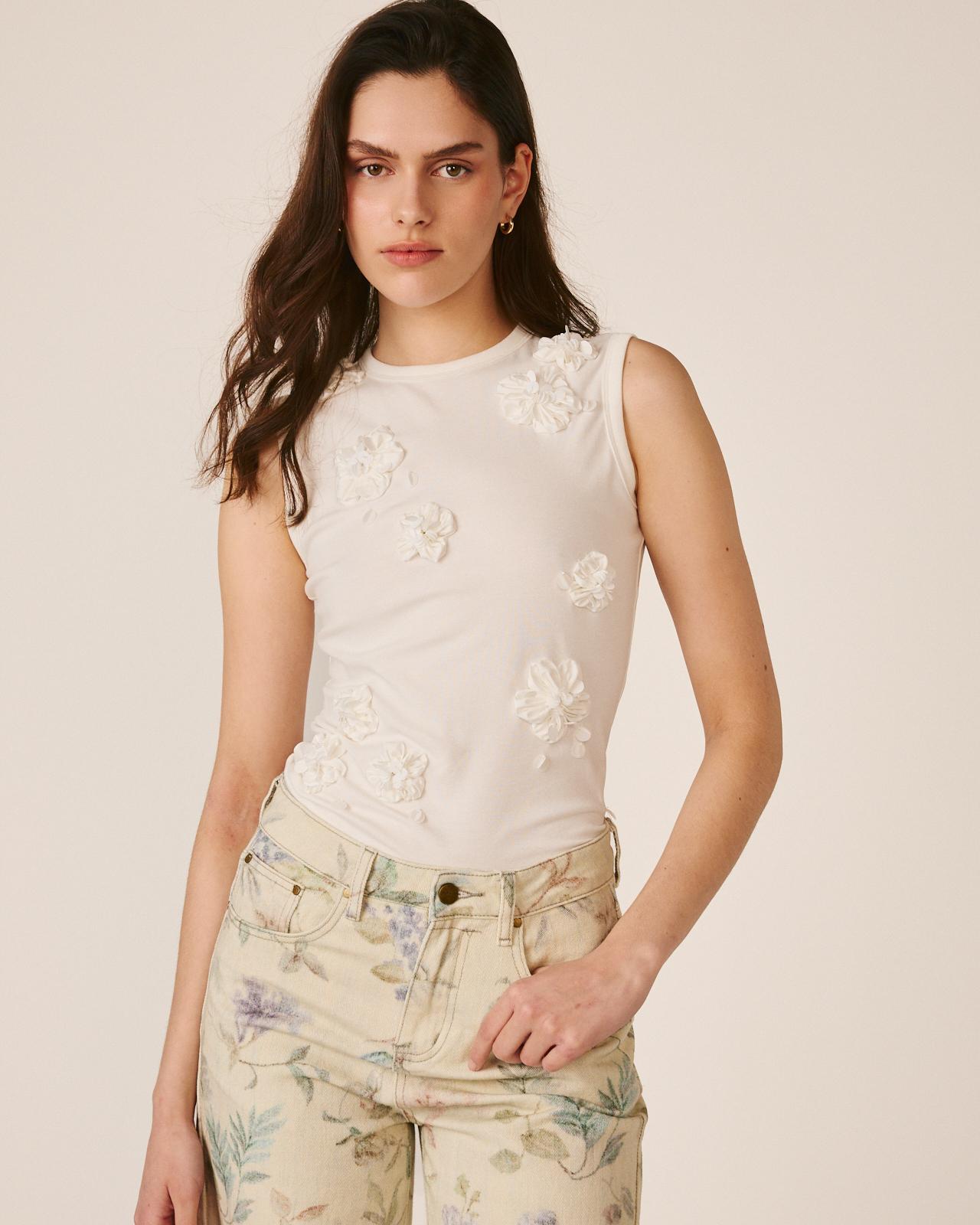Top com Apliques de Flores de Tecido em Relevo e Lantejoulas Branco-3