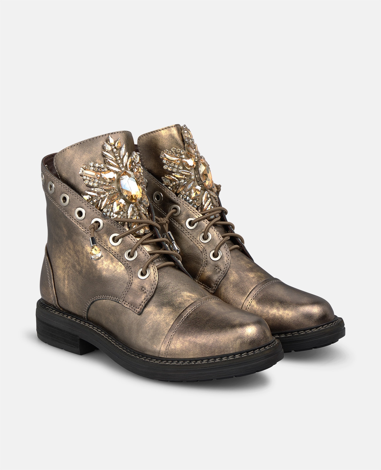 Botins Militares em Pele com Cano Assimétrico Dourado-2