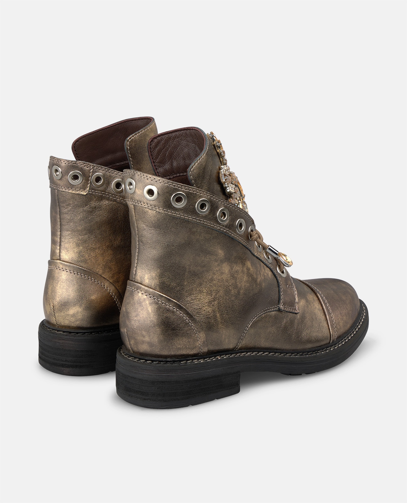 Botins Militares em Pele com Cano Assimétrico Dourado-3