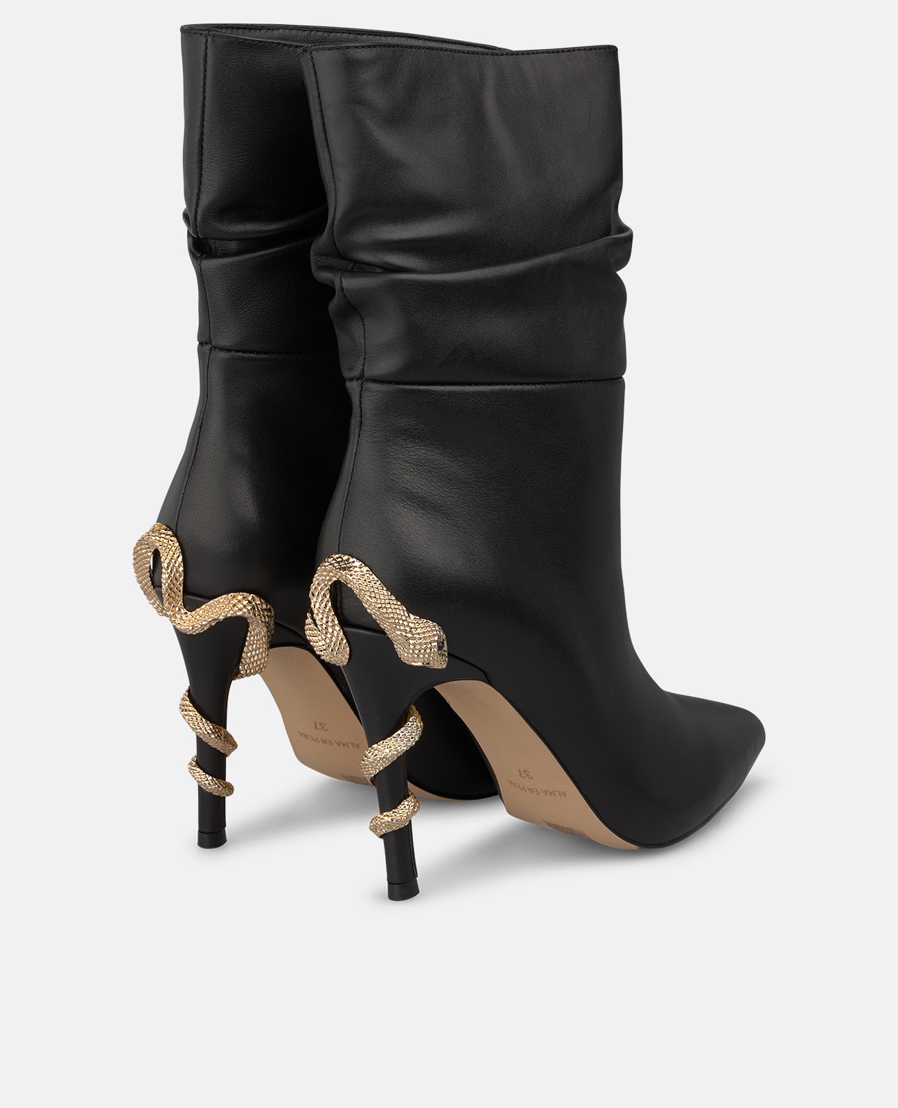Botins Básicos em Napa com Serpente Metálica no Tacão Preto-3