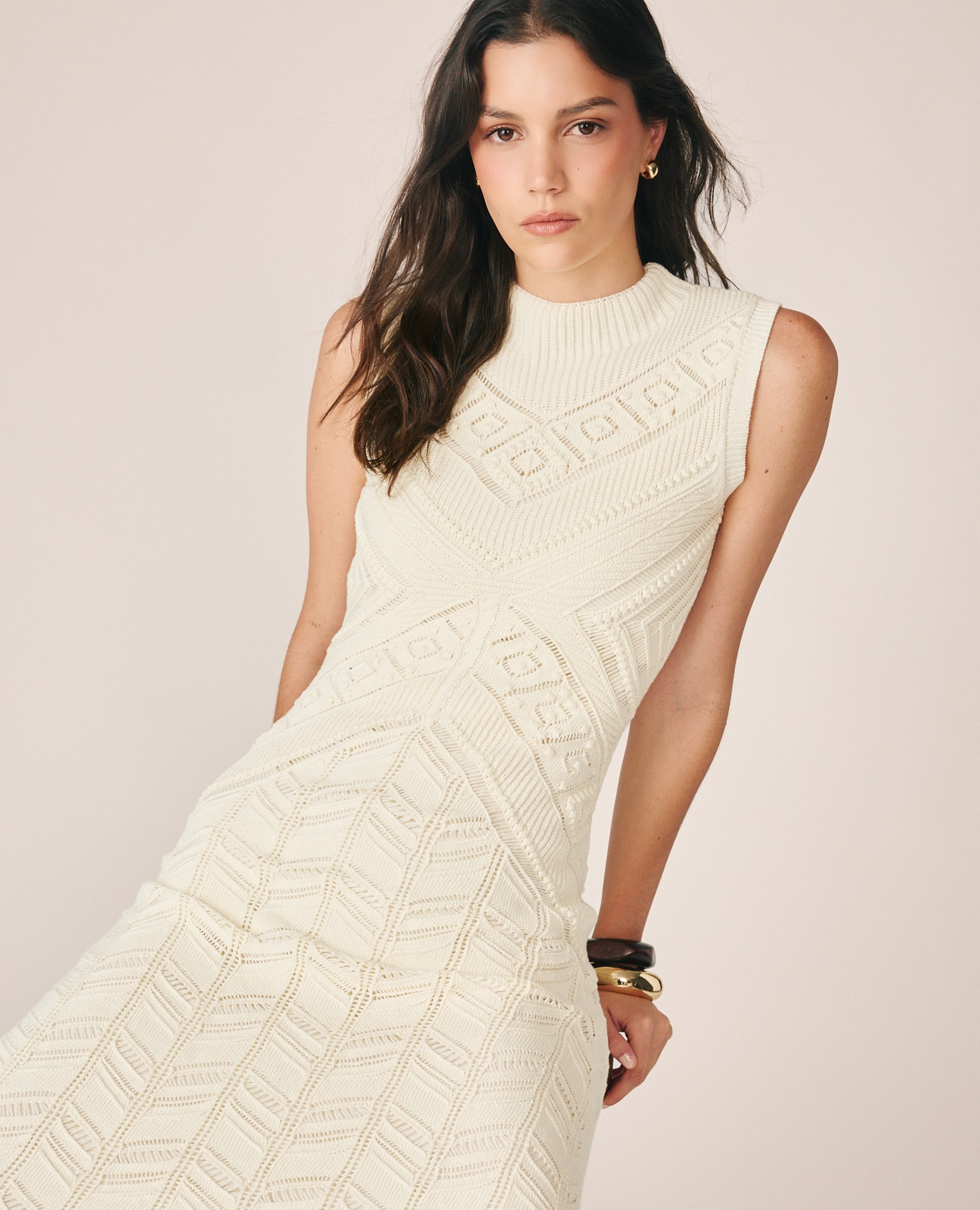 Vestido Comprido Perfurado sem Mangas Creme-2
